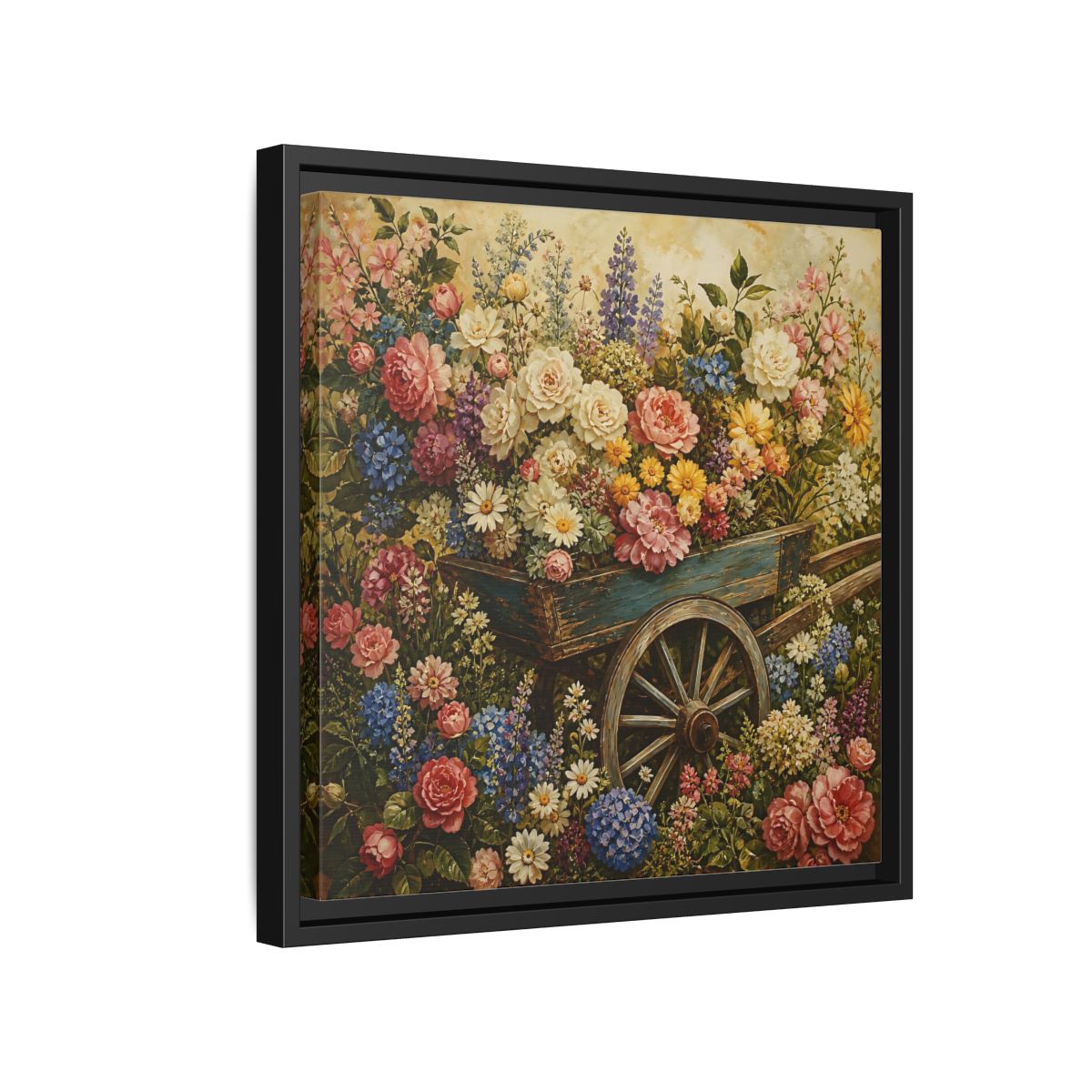 Side Mockup 15. Vintage Oil Painting Garden Cart Filled With Blossoms shown as stretched canvas wall art