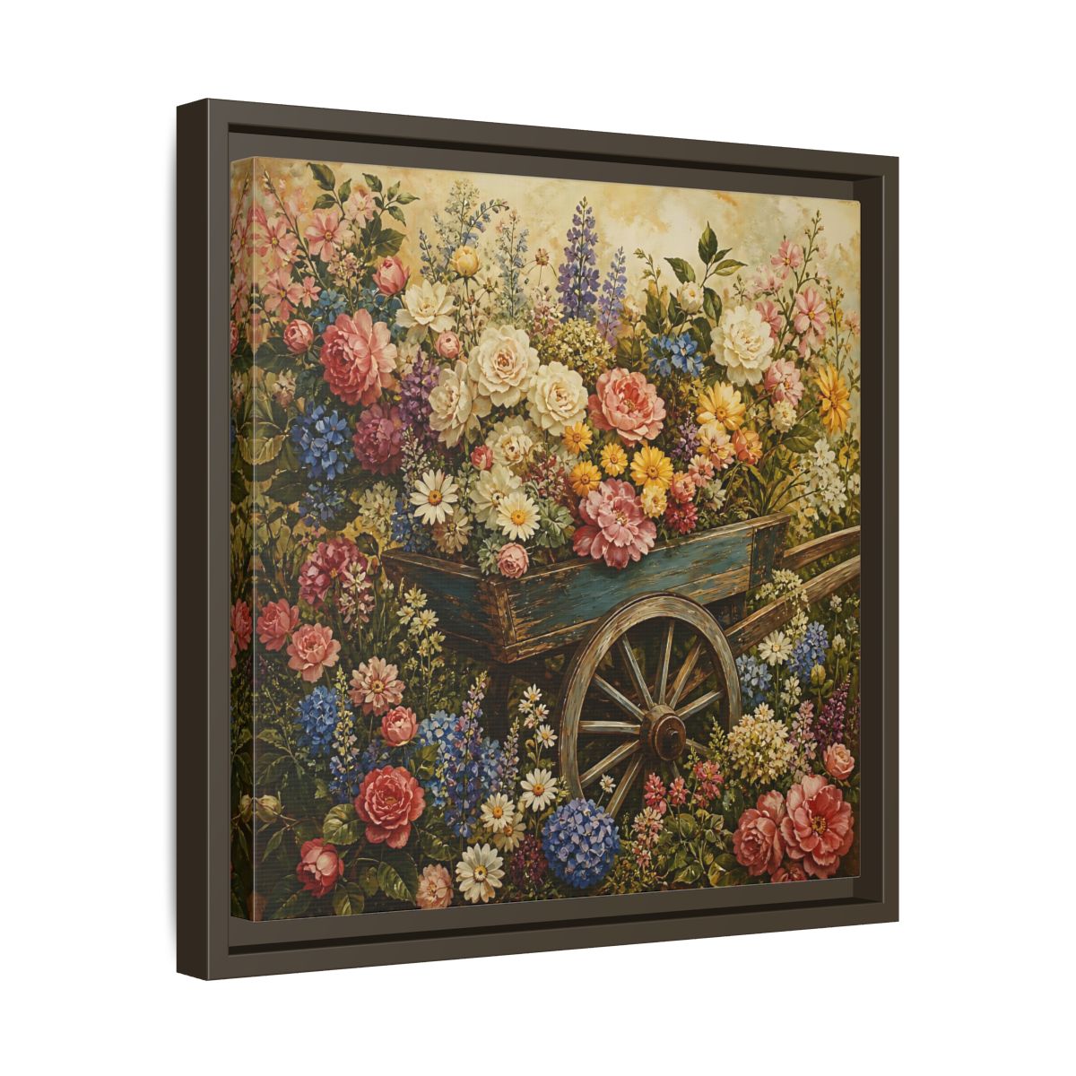 Side Mockup 29. Vintage Oil Painting Garden Cart Filled With Blossoms shown as stretched canvas wall art