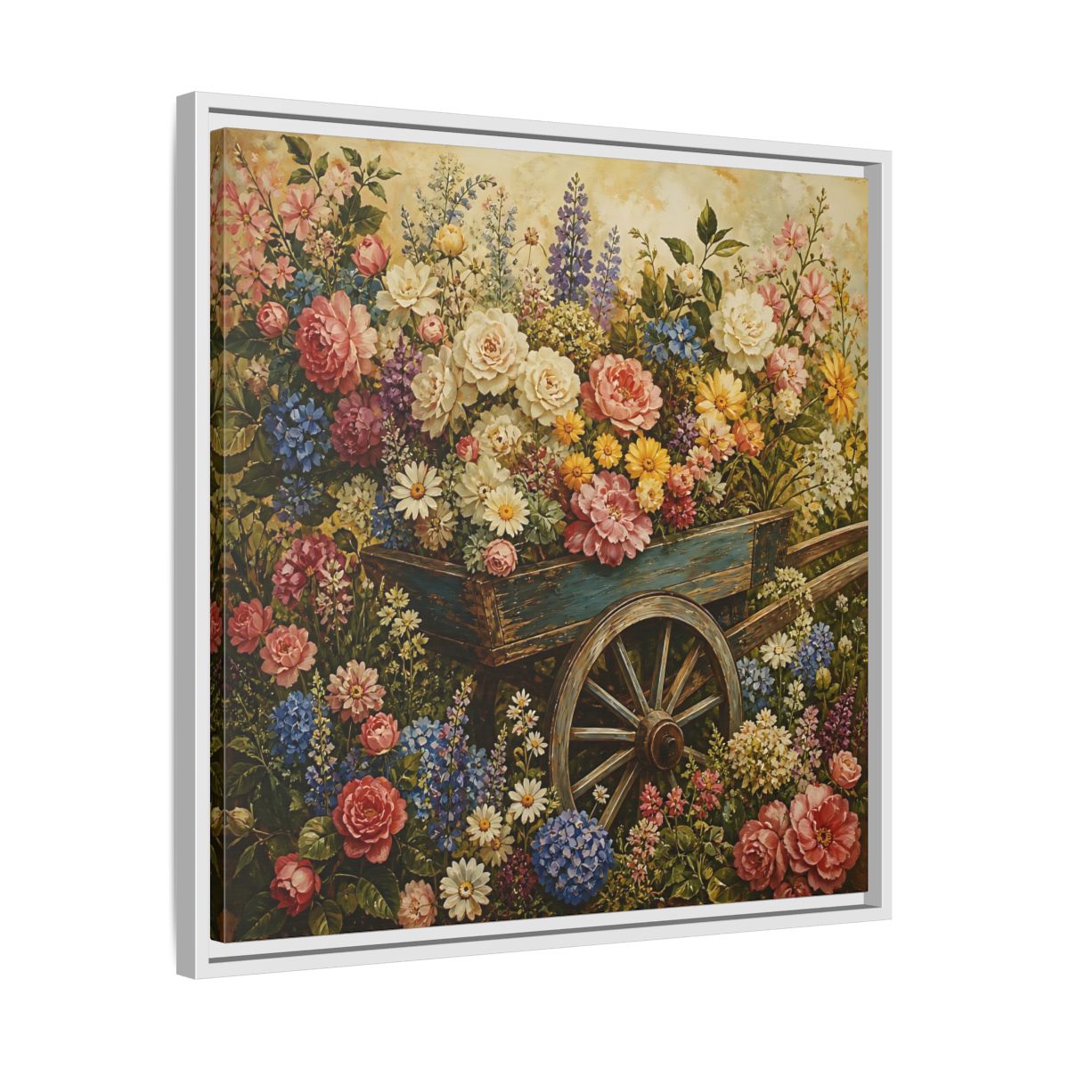 Side Mockup 26. Vintage Oil Painting Garden Cart Filled With Blossoms shown as stretched canvas wall art