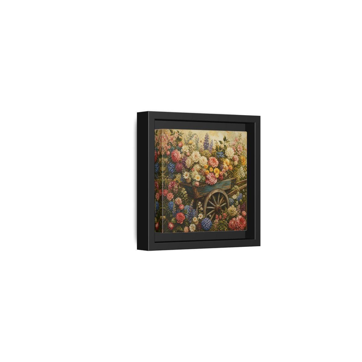 Side Mockup 24. Vintage Oil Painting Garden Cart Filled With Blossoms shown as stretched canvas wall art