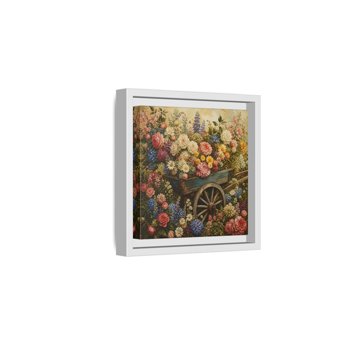 Side Mockup 1. Vintage Oil Painting Garden Cart Filled With Blossoms shown as stretched canvas wall art