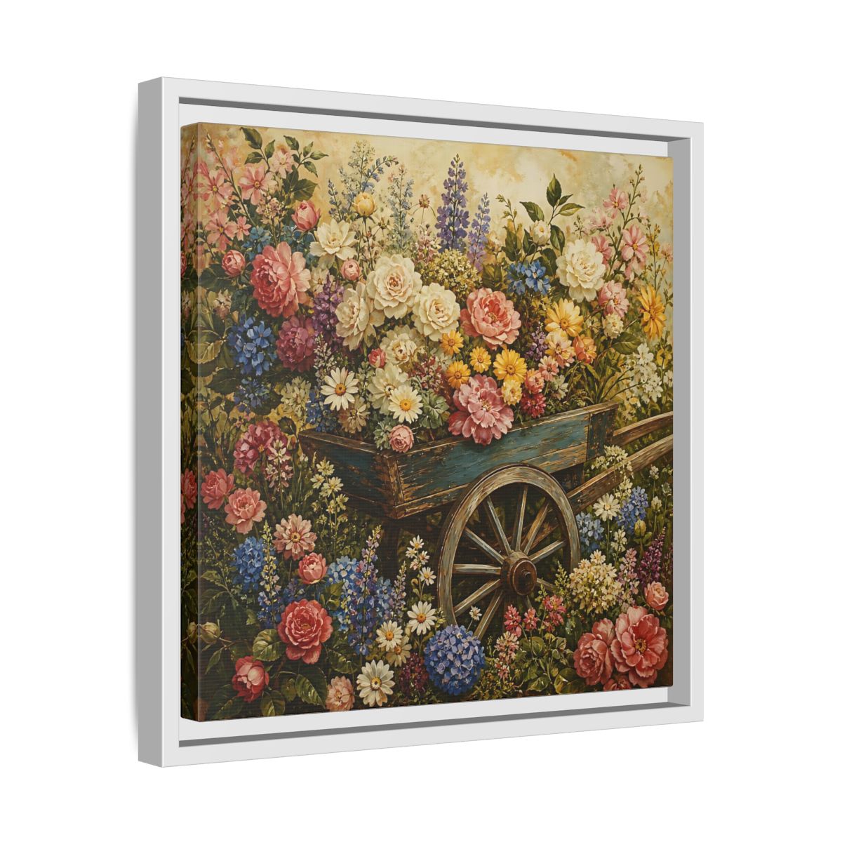 Side Mockup 28. Vintage Oil Painting Garden Cart Filled With Blossoms shown as stretched canvas wall art