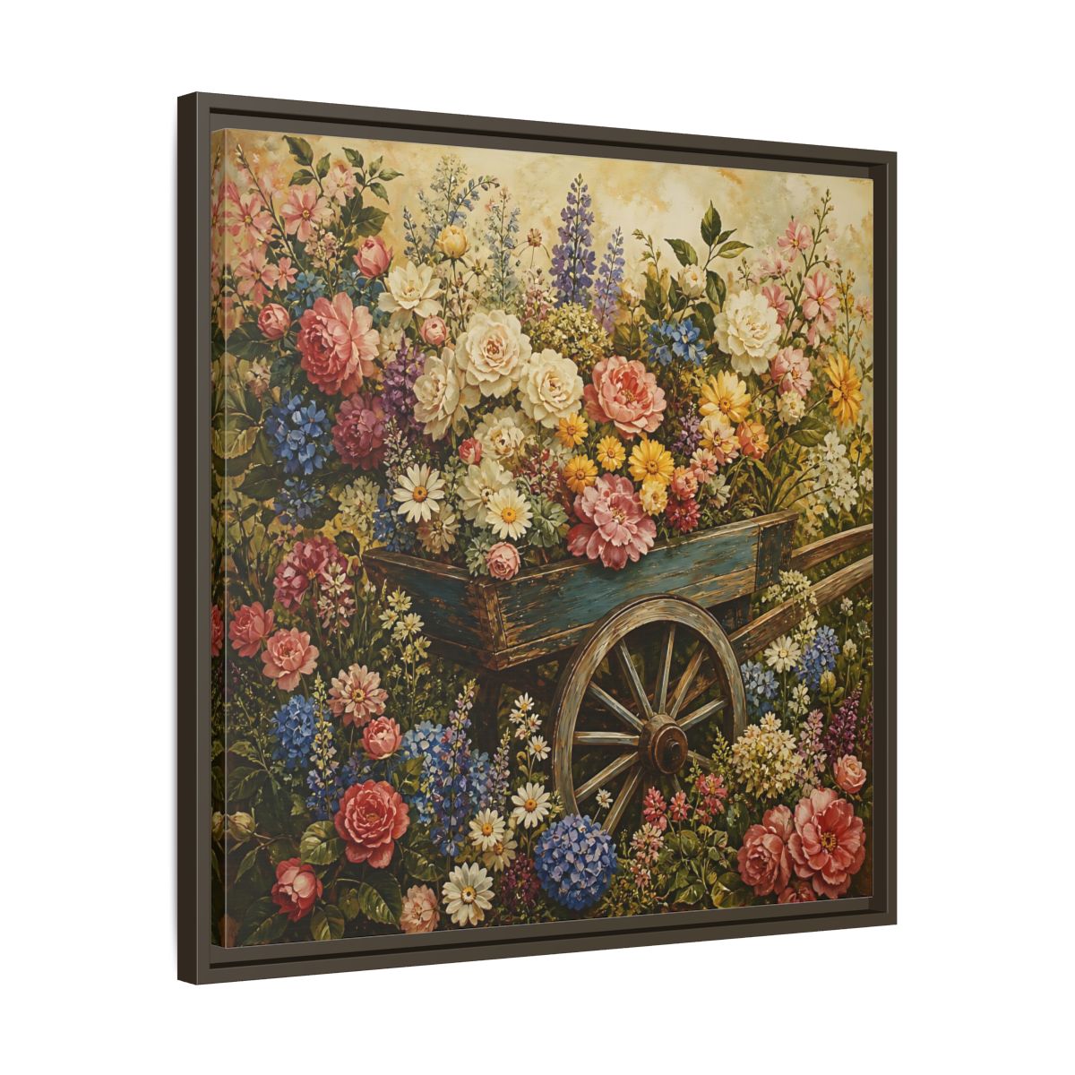 Side Mockup 27. Vintage Oil Painting Garden Cart Filled With Blossoms shown as stretched canvas wall art