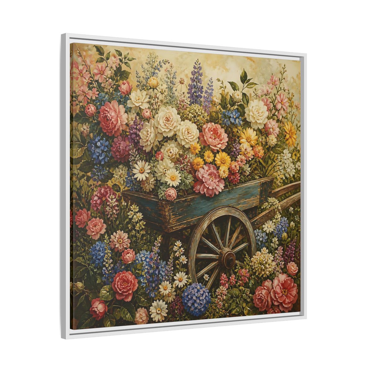Side Mockup 25. Vintage Oil Painting Garden Cart Filled With Blossoms shown as stretched canvas wall art