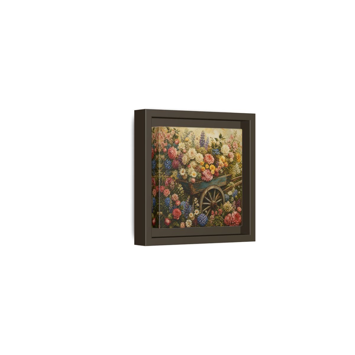 Side Mockup 23. Vintage Oil Painting Garden Cart Filled With Blossoms shown as stretched canvas wall art
