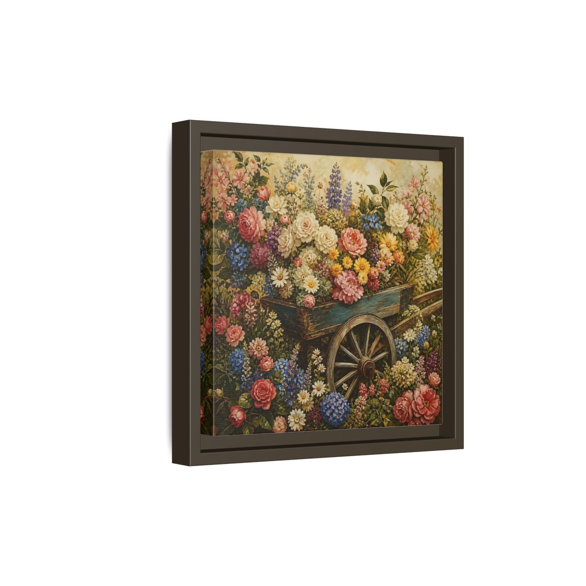 Side Mockup 20. Vintage Oil Painting Garden Cart Filled With Blossoms shown as stretched canvas wall art
