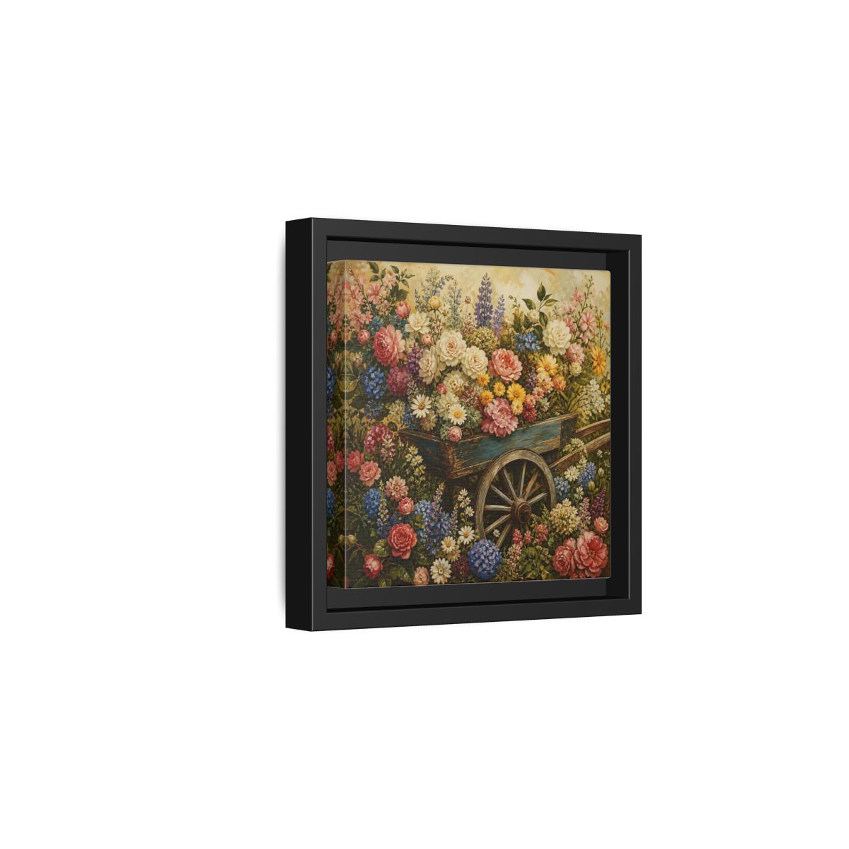 Side Mockup 3. Vintage Oil Painting Garden Cart Filled With Blossoms shown as stretched canvas wall art