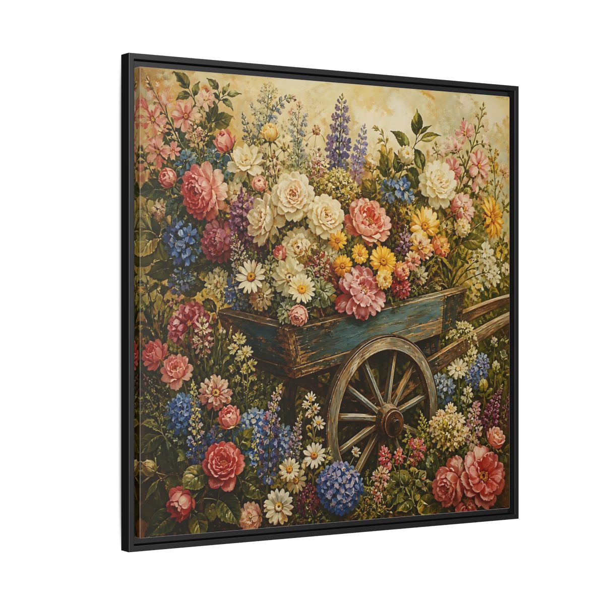 Side Mockup 6. Vintage Oil Painting Garden Cart Filled With Blossoms shown as stretched canvas wall art