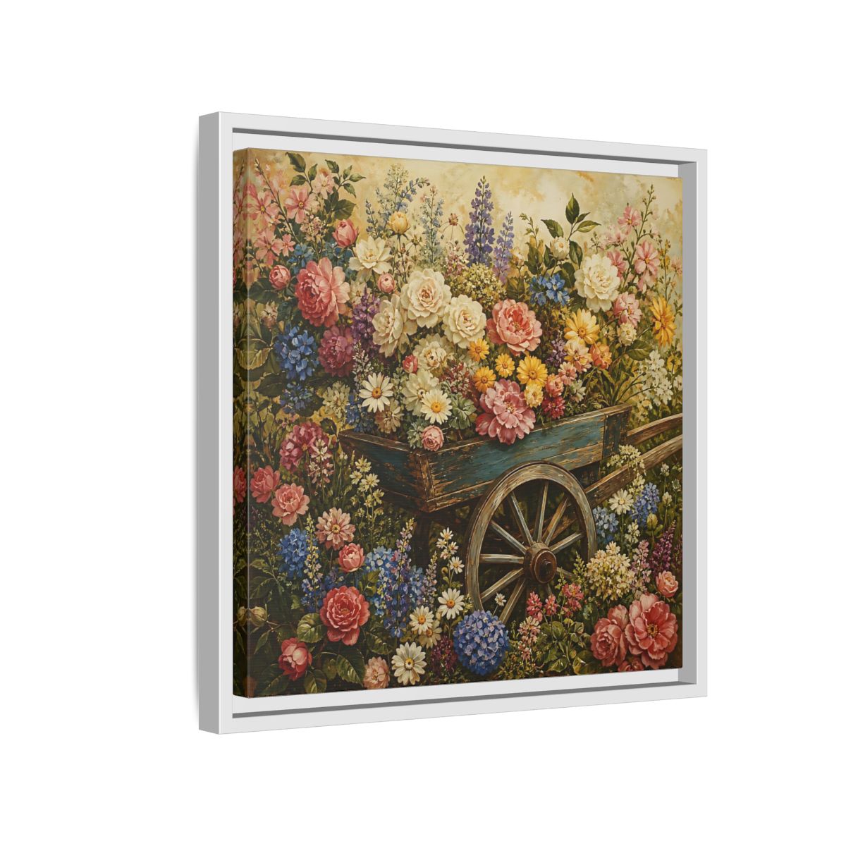 Side Mockup 13. Vintage Oil Painting Garden Cart Filled With Blossoms shown as stretched canvas wall art