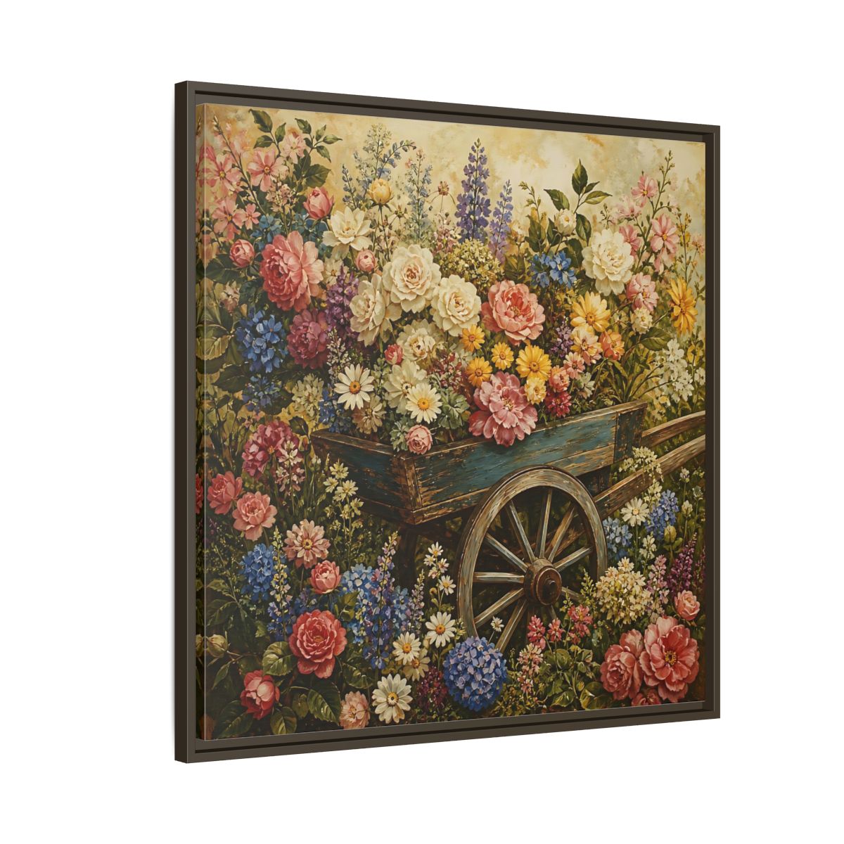 Side Mockup 8. Vintage Oil Painting Garden Cart Filled With Blossoms shown as stretched canvas wall art