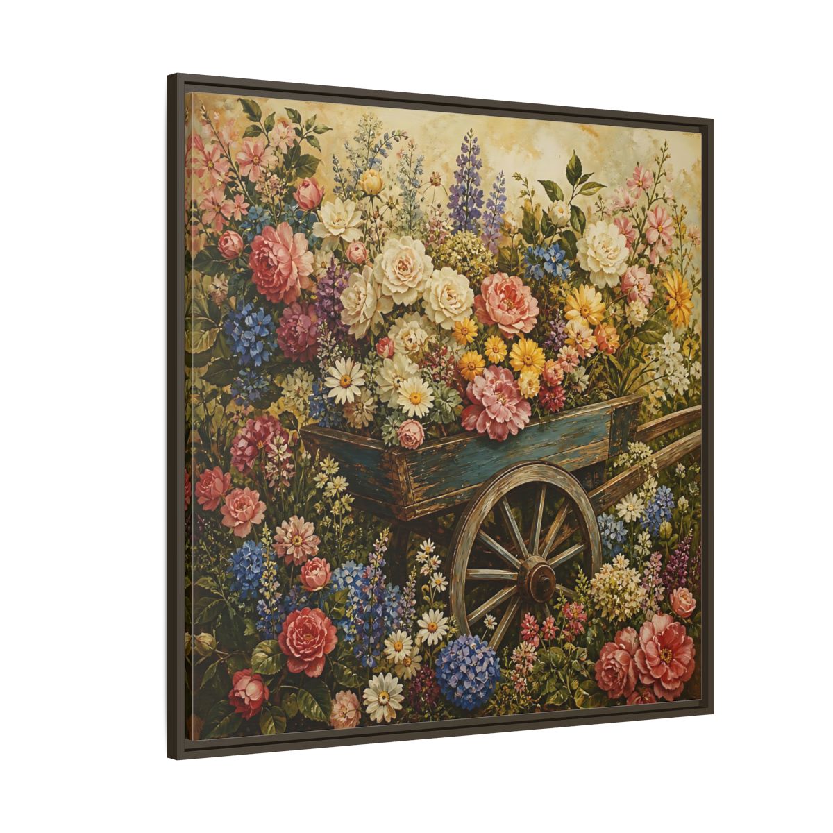 Side Mockup 5. Vintage Oil Painting Garden Cart Filled With Blossoms shown as stretched canvas wall art