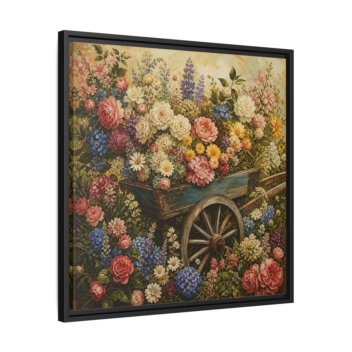 Side Mockup 31. Vintage Oil Painting Garden Cart Filled With Blossoms shown as stretched canvas wall art