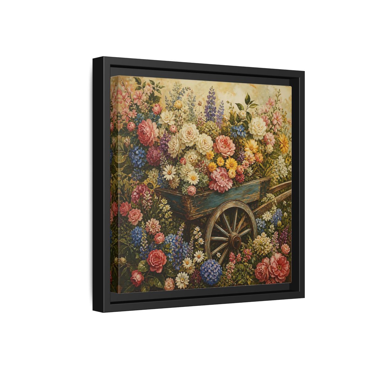Side Mockup 18. Vintage Oil Painting Garden Cart Filled With Blossoms shown as stretched canvas wall art