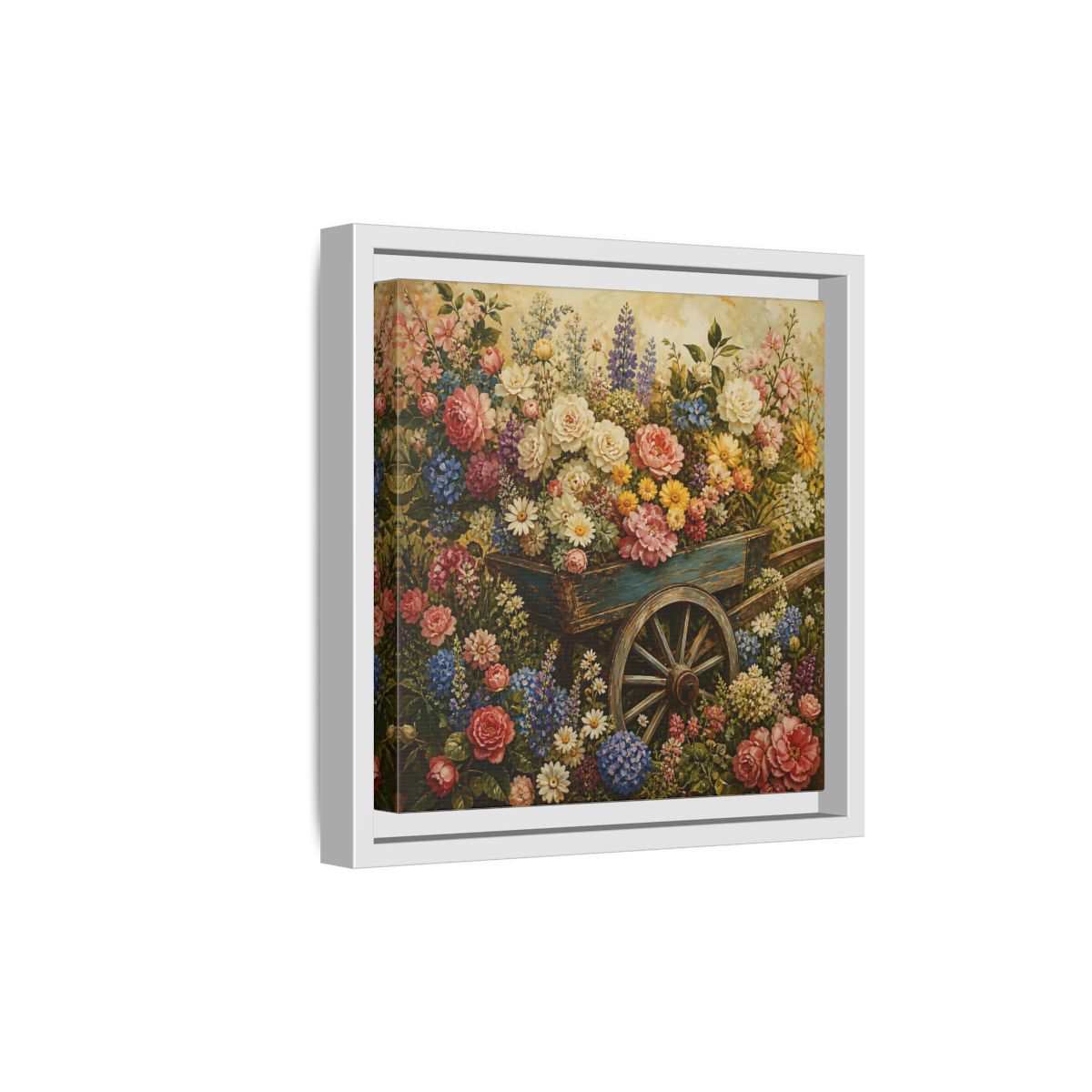 Side Mockup 19. Vintage Oil Painting Garden Cart Filled With Blossoms shown as stretched canvas wall art