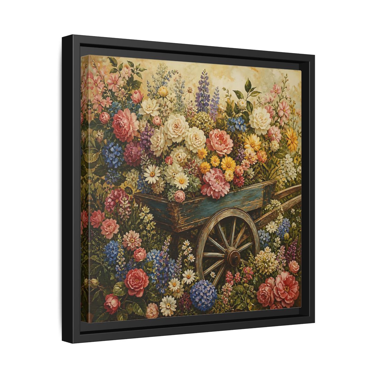 Side Mockup 32. Vintage Oil Painting Garden Cart Filled With Blossoms shown as stretched canvas wall art