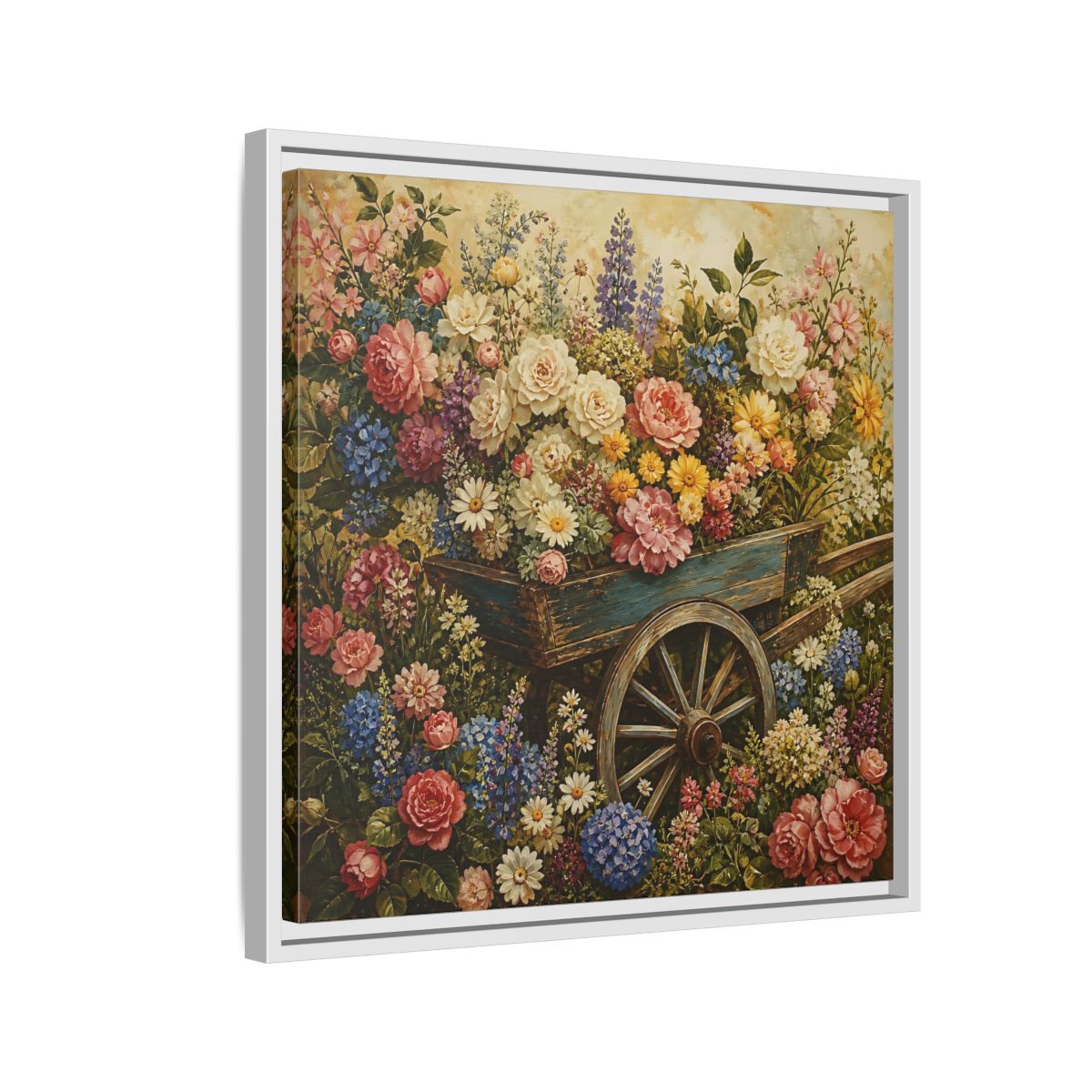 Side Mockup 10. Vintage Oil Painting Garden Cart Filled With Blossoms shown as stretched canvas wall art