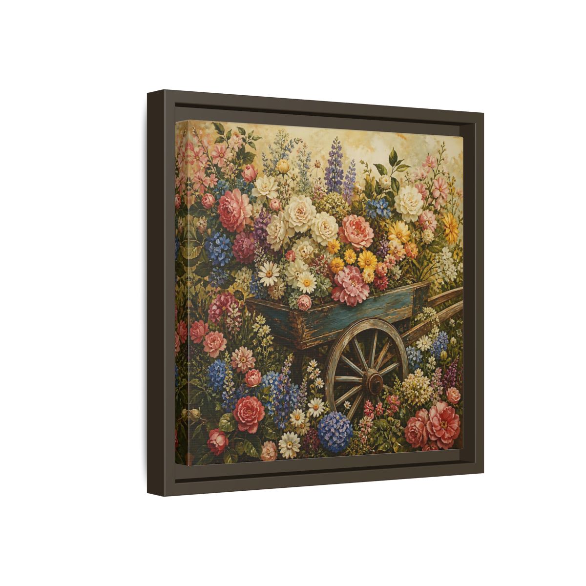 Side Mockup 17. Vintage Oil Painting Garden Cart Filled With Blossoms shown as stretched canvas wall art