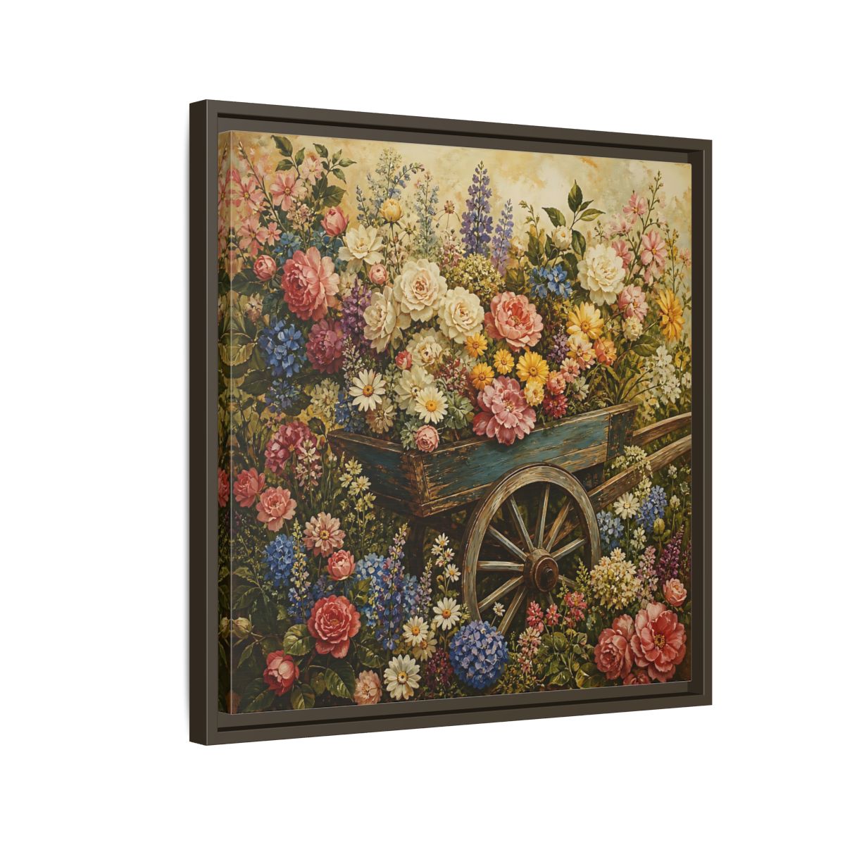 Side Mockup 11. Vintage Oil Painting Garden Cart Filled With Blossoms shown as stretched canvas wall art