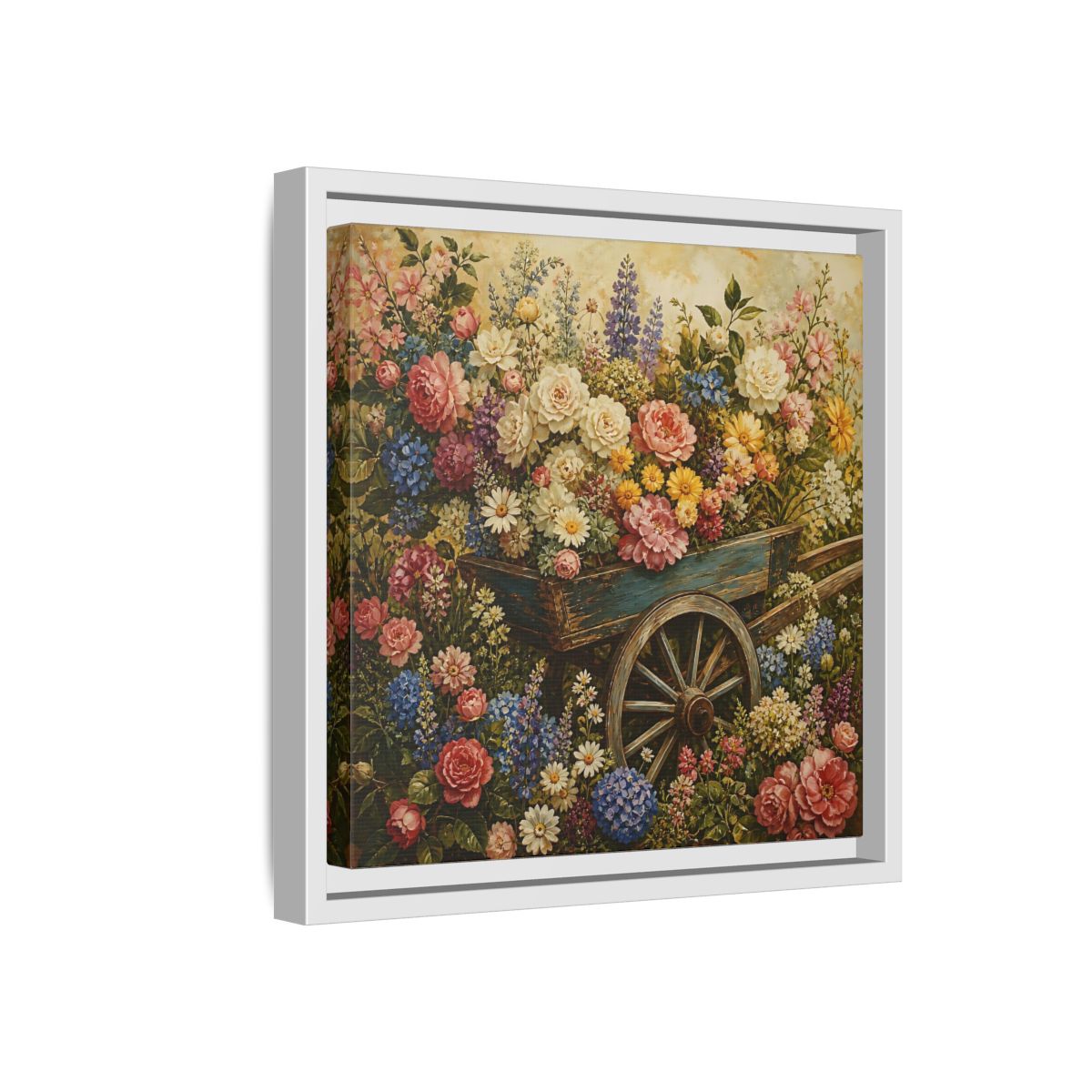 Side Mockup 16. Vintage Oil Painting Garden Cart Filled With Blossoms shown as stretched canvas wall art