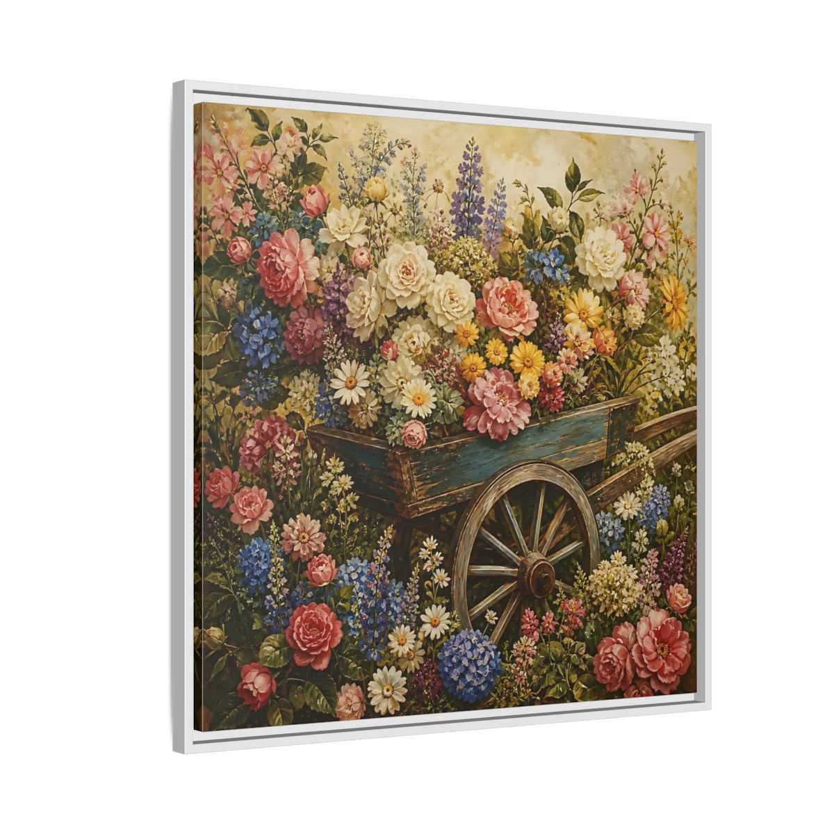 Side Mockup 7. Vintage Oil Painting Garden Cart Filled With Blossoms shown as stretched canvas wall art