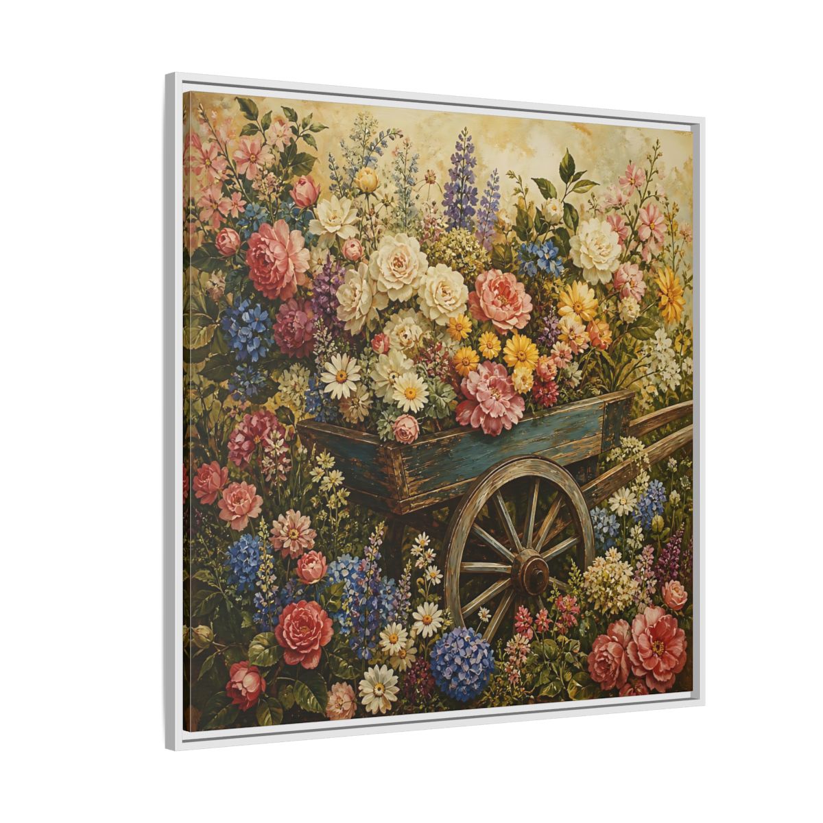 Side Mockup 4. Vintage Oil Painting Garden Cart Filled With Blossoms shown as stretched canvas wall art