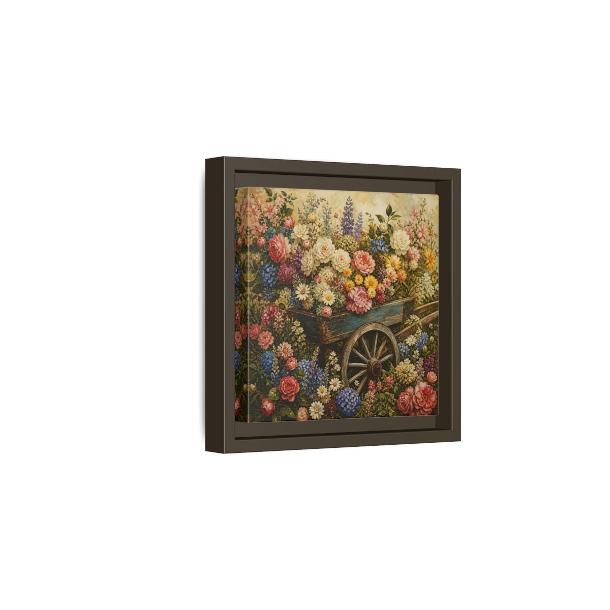 Side Mockup 2. Vintage Oil Painting Garden Cart Filled With Blossoms shown as stretched canvas wall art
