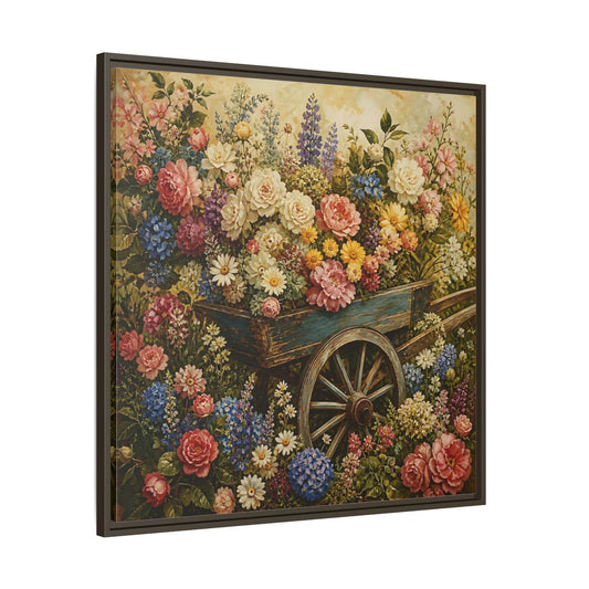 Main Mockup. Vintage Oil Painting Garden Cart Filled With Blossoms shown as stretched canvas wall art