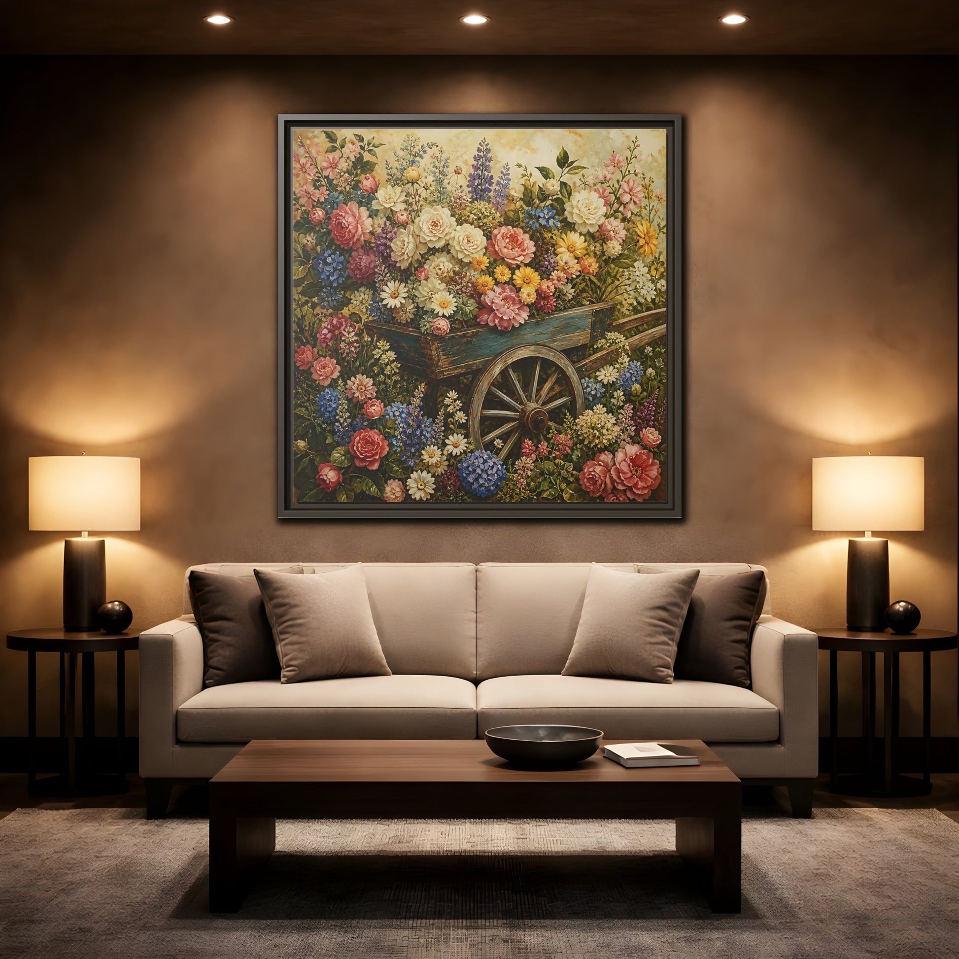 Mockup 2. Vintage Oil Painting Garden Cart Filled With Blossoms shown as stretched canvas wall art