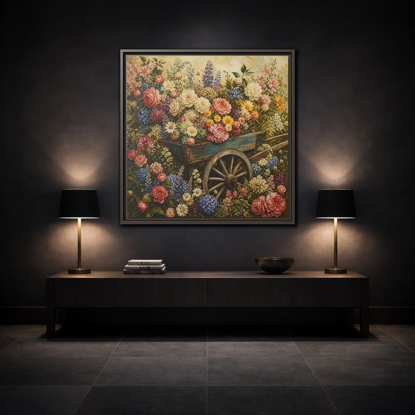 Mockup 3. Vintage Oil Painting Garden Cart Filled With Blossoms shown as stretched canvas wall art