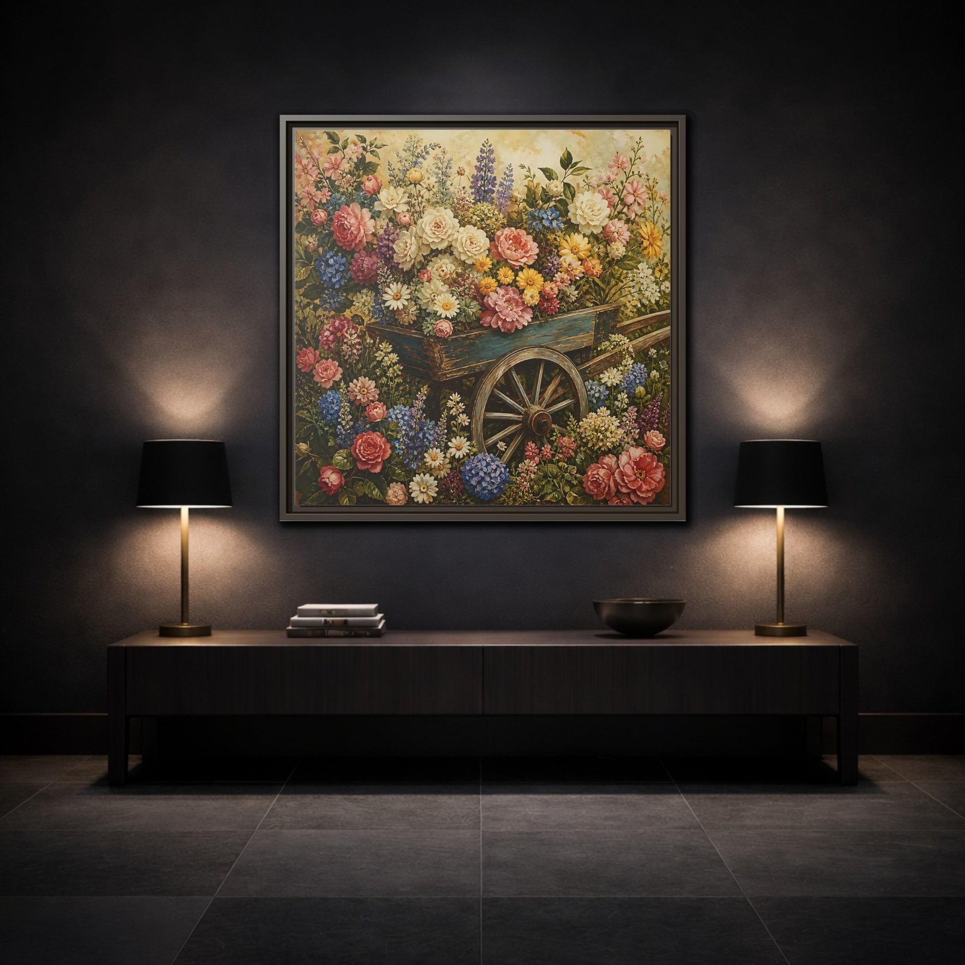 Mockup 3. Vintage Oil Painting Garden Cart Filled With Blossoms shown as stretched canvas wall art