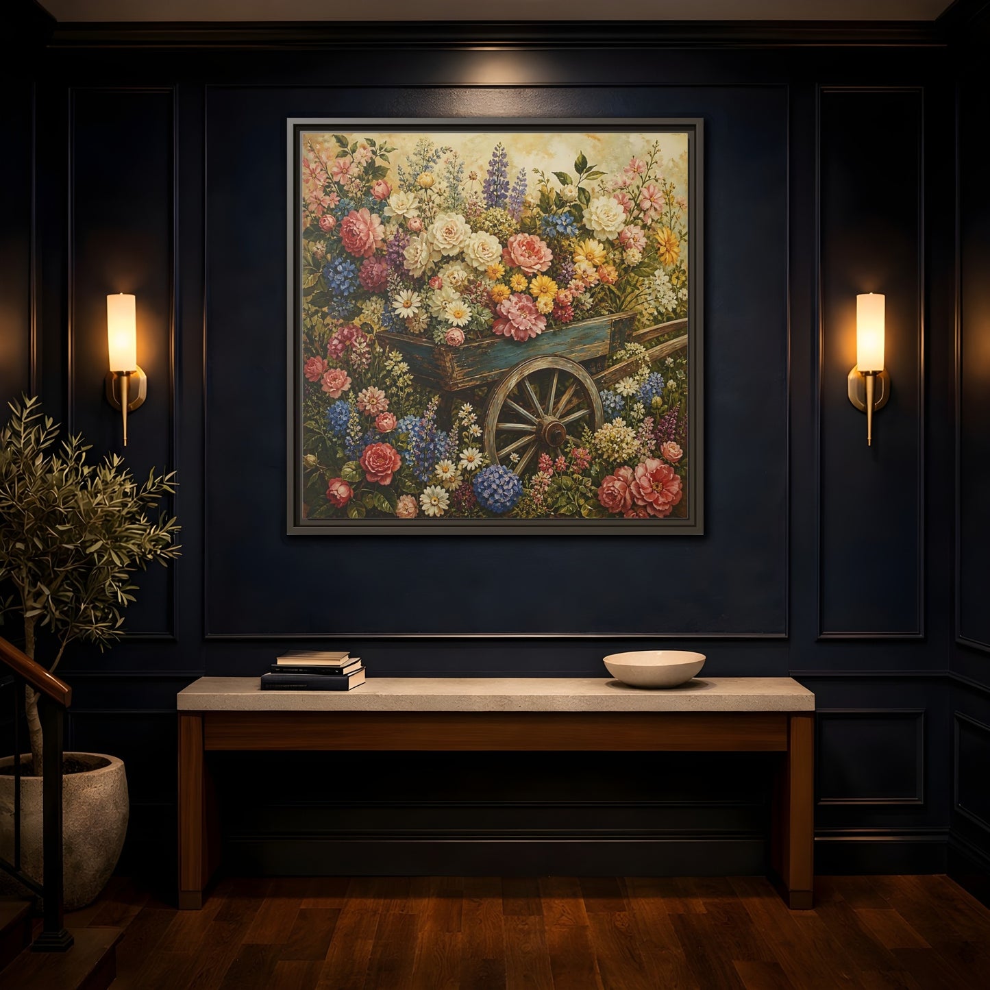 Mockup 4. Vintage Oil Painting Garden Cart Filled With Blossoms shown as stretched canvas wall art