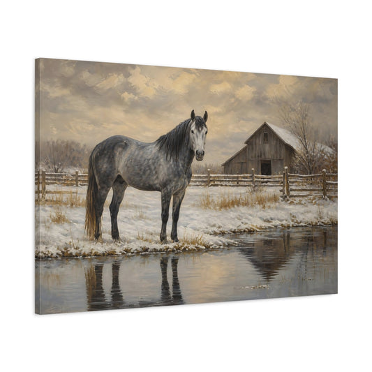 Main Mockup. Vintage Oil Painting Gray Horse In Snowy Pasture shown as stretched canvas wall art