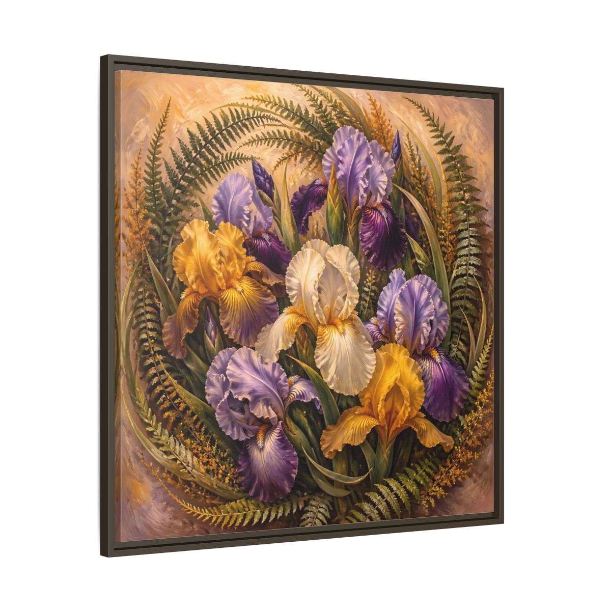 Main Mockup. Vintage Oil Painting Iris Bouquet With Fern Accents shown as stretched canvas wall art