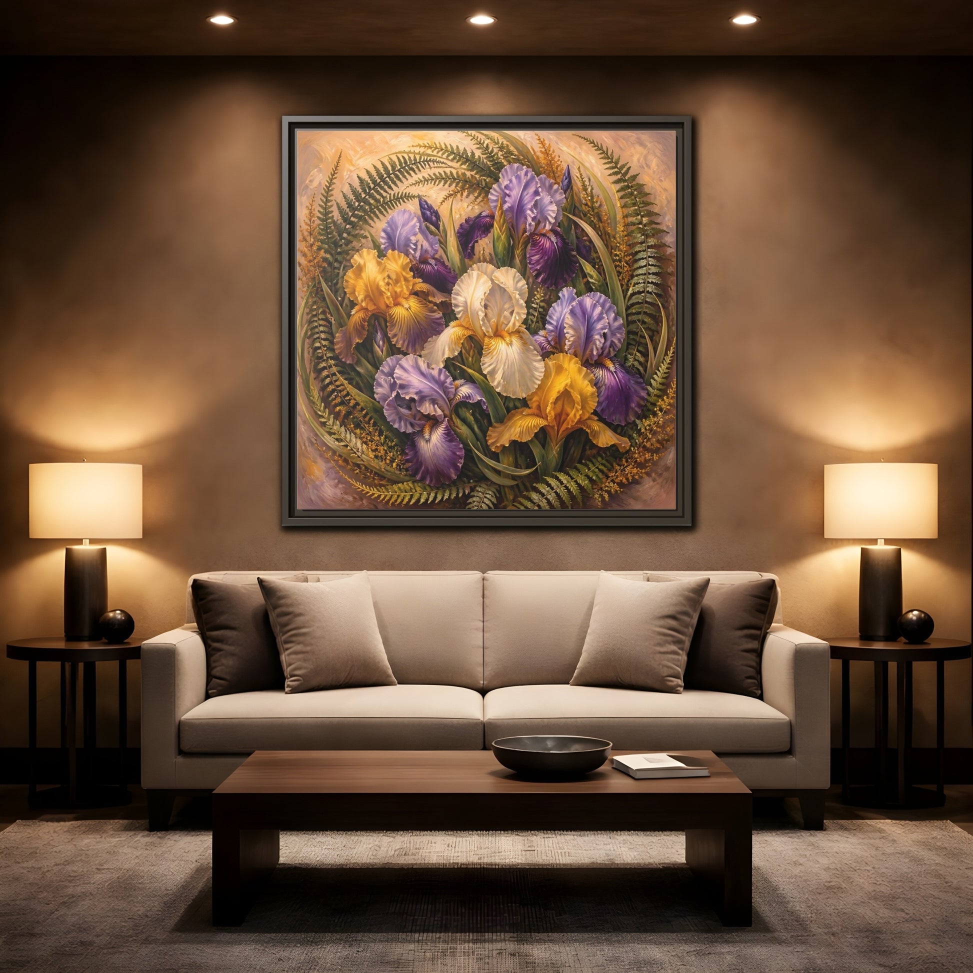 Mockup 2. Vintage Oil Painting Iris Bouquet With Fern Accents shown as stretched canvas wall art