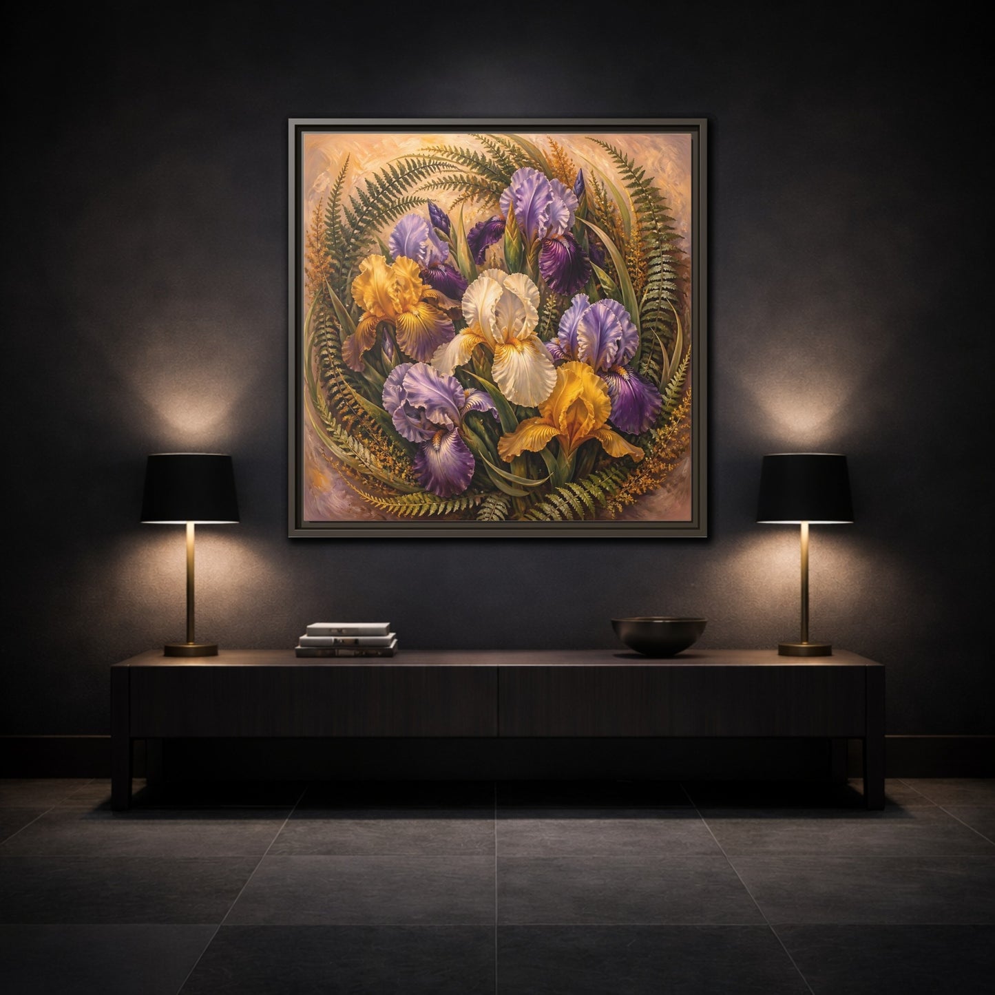 Mockup 3. Vintage Oil Painting Iris Bouquet With Fern Accents shown as stretched canvas wall art