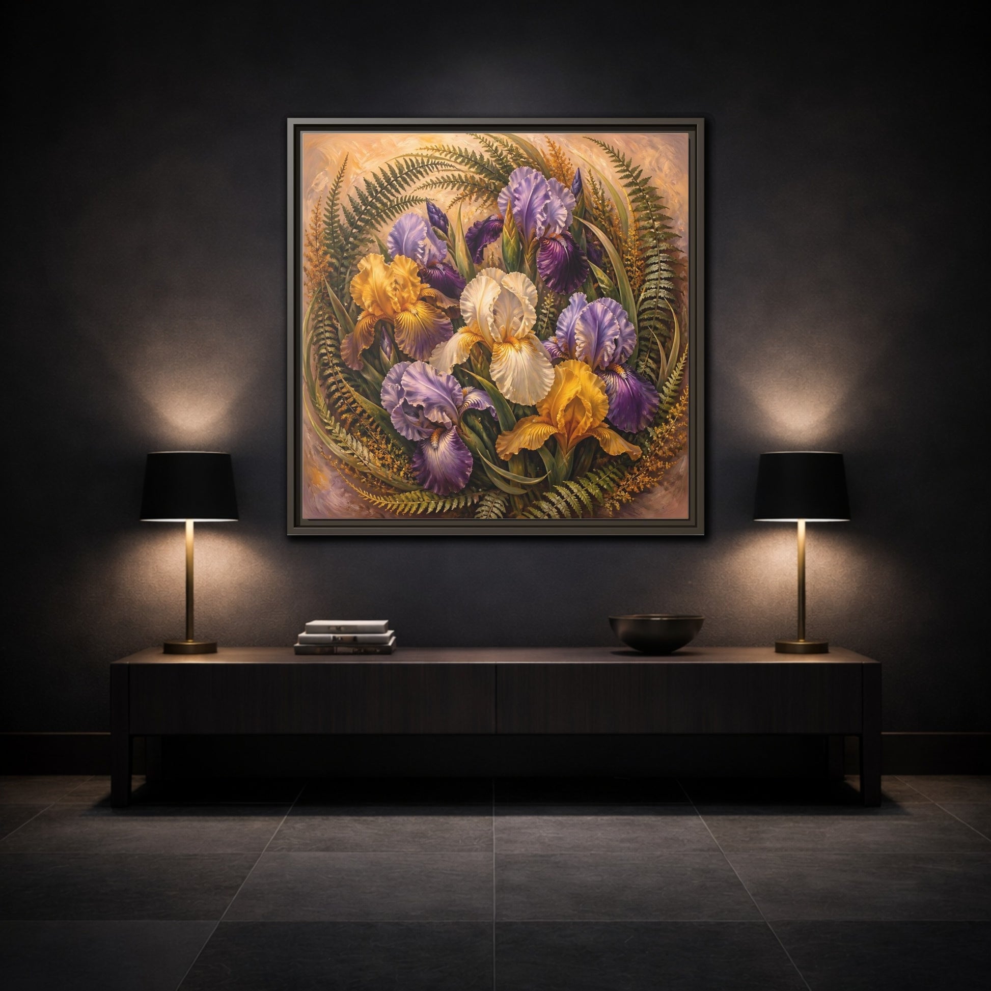 Mockup 3. Vintage Oil Painting Iris Bouquet With Fern Accents shown as stretched canvas wall art