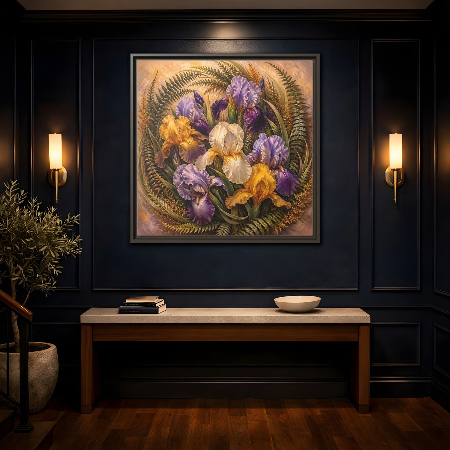 Mockup 4. Vintage Oil Painting Iris Bouquet With Fern Accents shown as stretched canvas wall art
