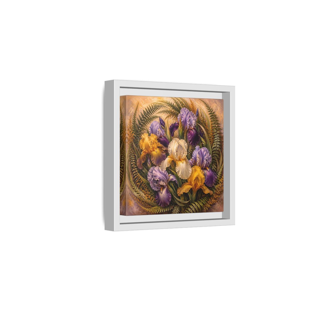 Side Mockup 1. Vintage Oil Painting Iris Bouquet With Fern Accents shown as stretched canvas wall art