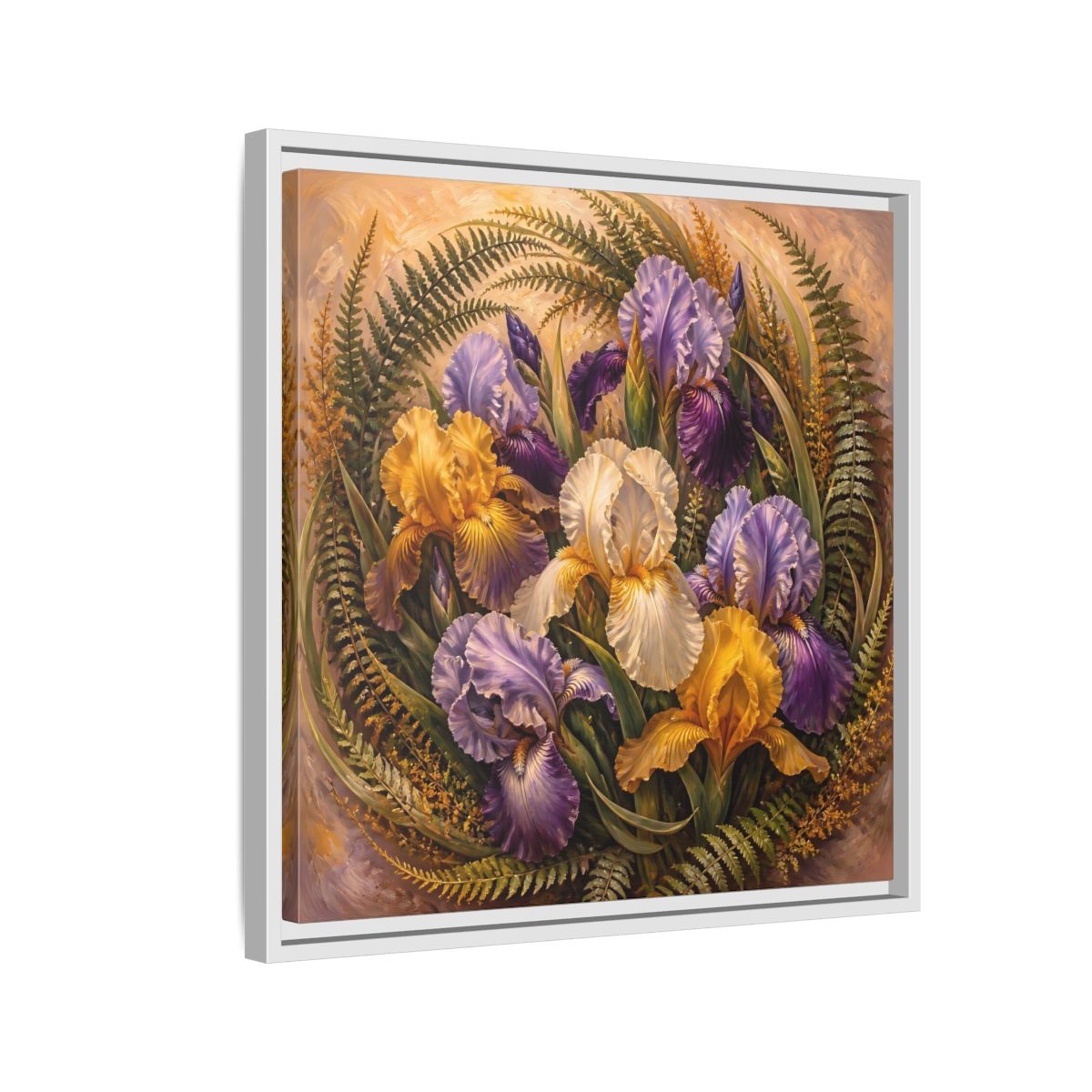 Side Mockup 10. Vintage Oil Painting Iris Bouquet With Fern Accents shown as stretched canvas wall art