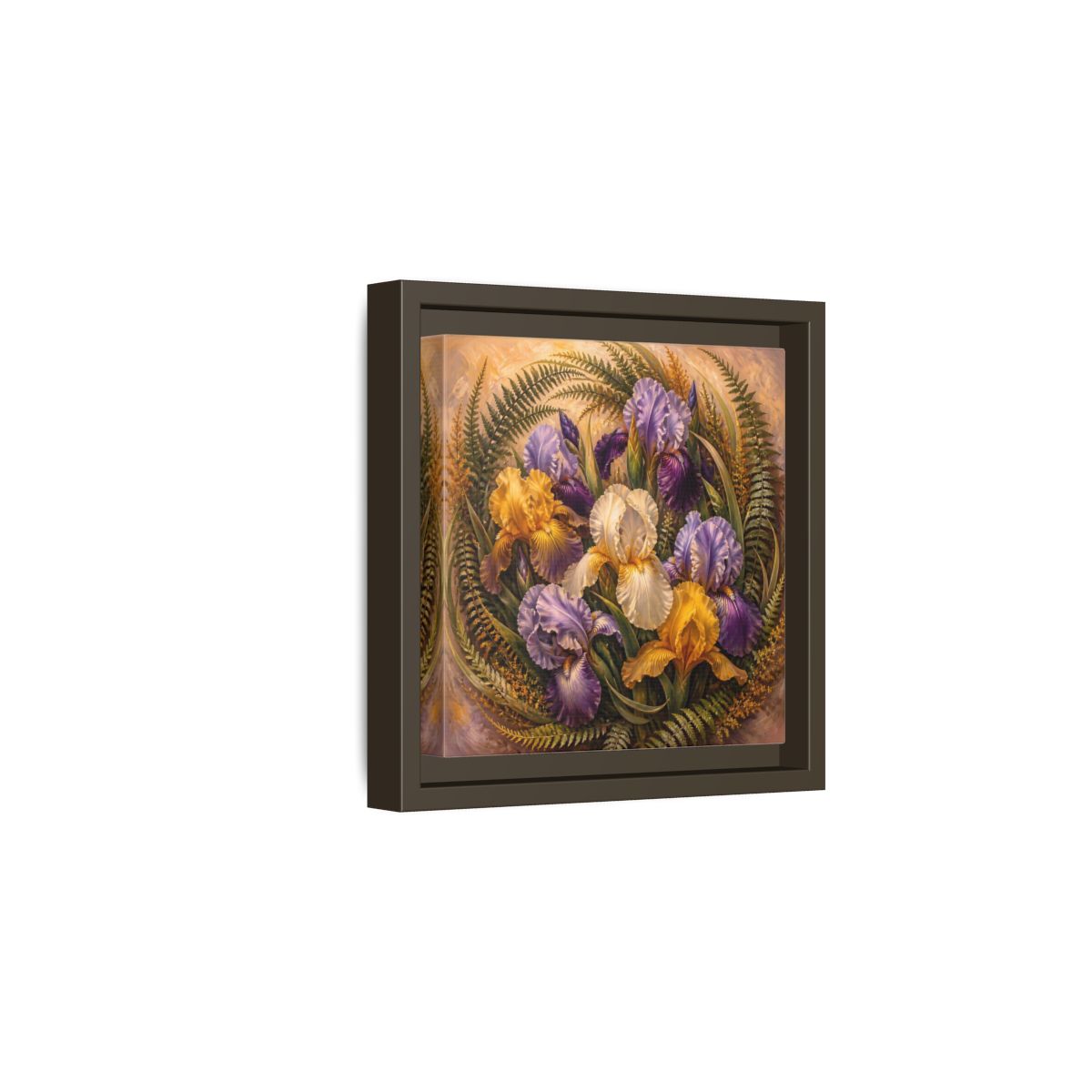 Side Mockup 2. Vintage Oil Painting Iris Bouquet With Fern Accents shown as stretched canvas wall art