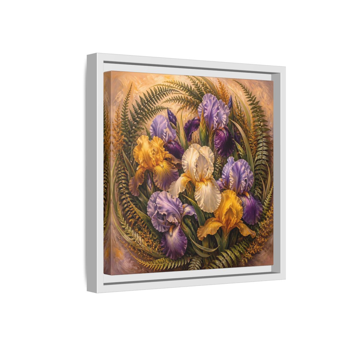 Side Mockup 16. Vintage Oil Painting Iris Bouquet With Fern Accents shown as stretched canvas wall art