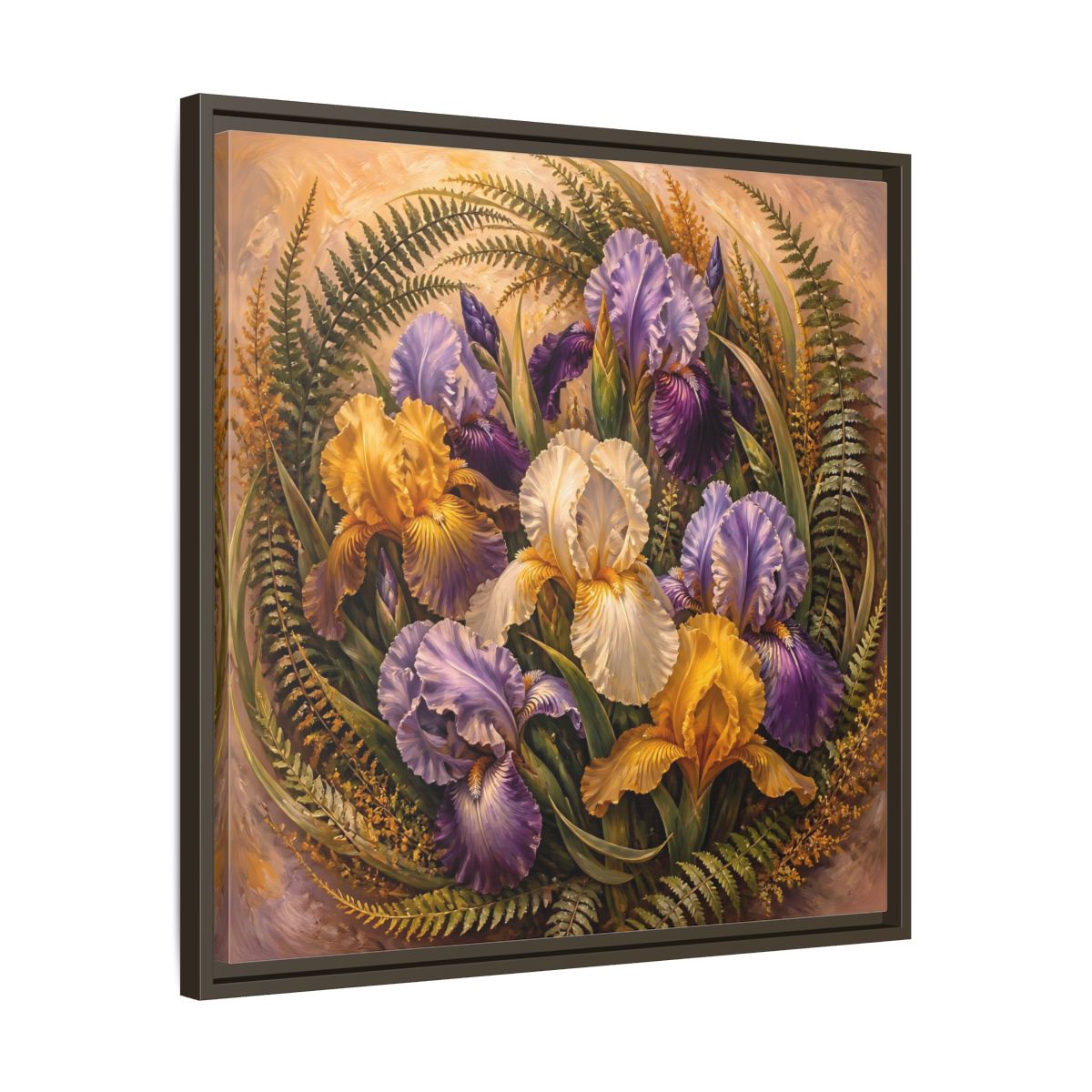 Side Mockup 27. Vintage Oil Painting Iris Bouquet With Fern Accents shown as stretched canvas wall art