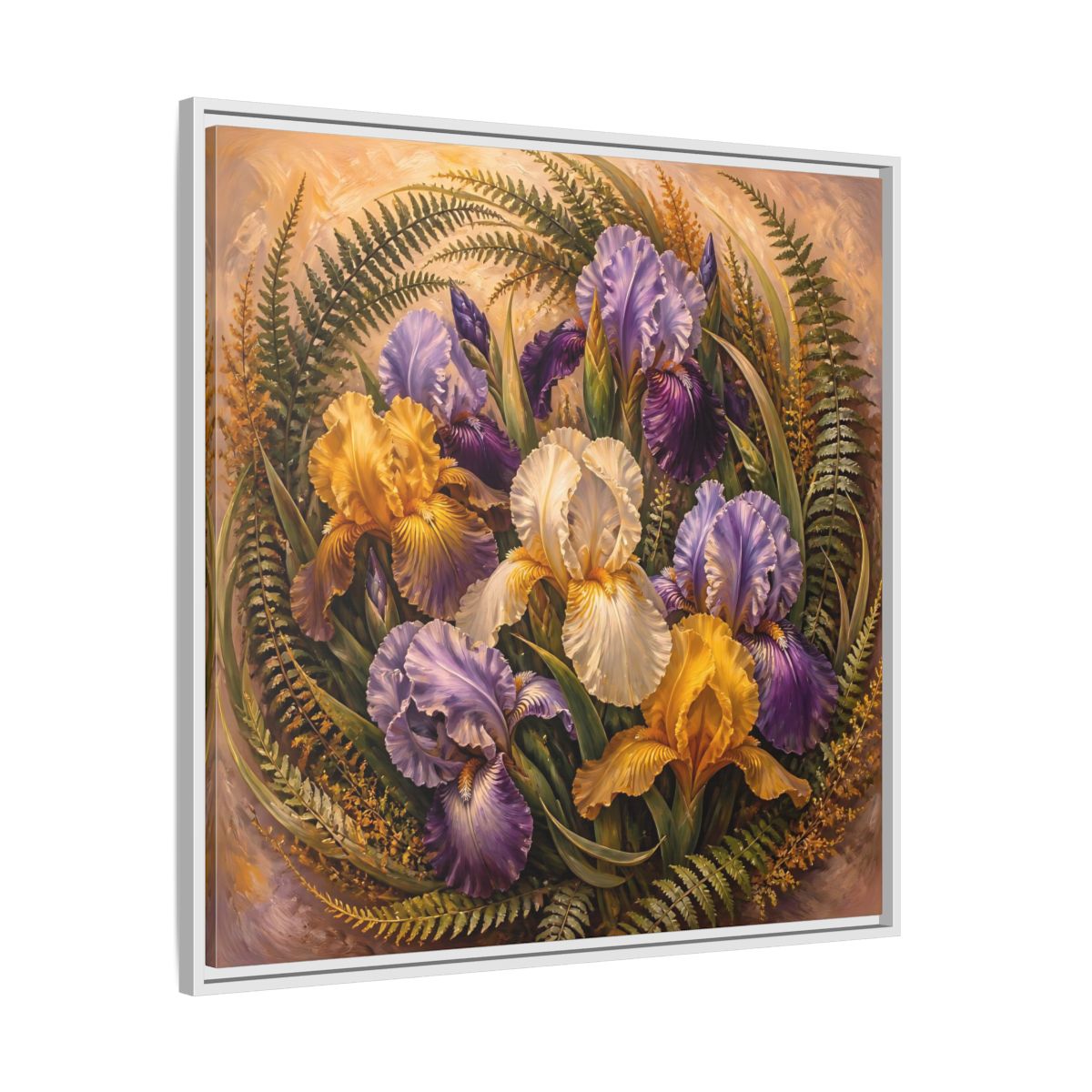 Side Mockup 25. Vintage Oil Painting Iris Bouquet With Fern Accents shown as stretched canvas wall art
