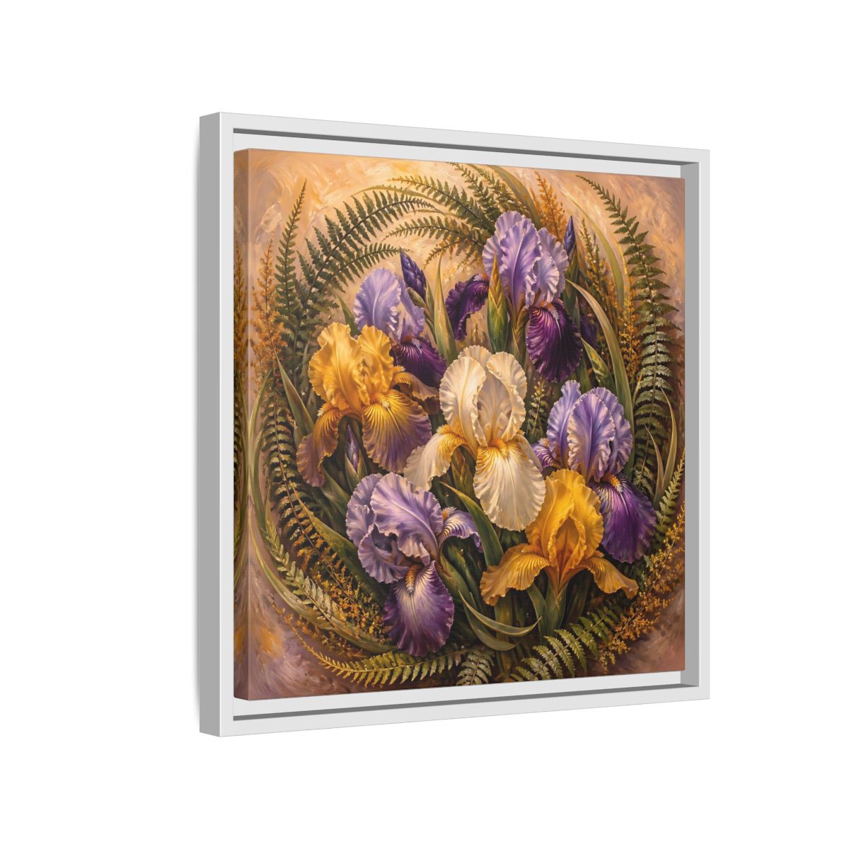 Side Mockup 13. Vintage Oil Painting Iris Bouquet With Fern Accents shown as stretched canvas wall art