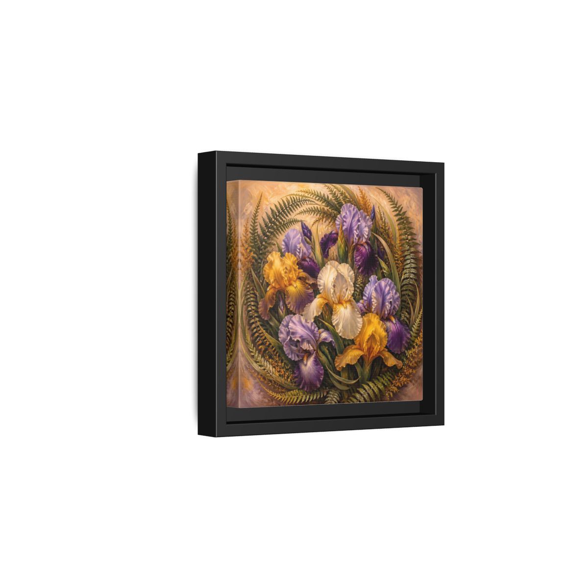 Side Mockup 3. Vintage Oil Painting Iris Bouquet With Fern Accents shown as stretched canvas wall art
