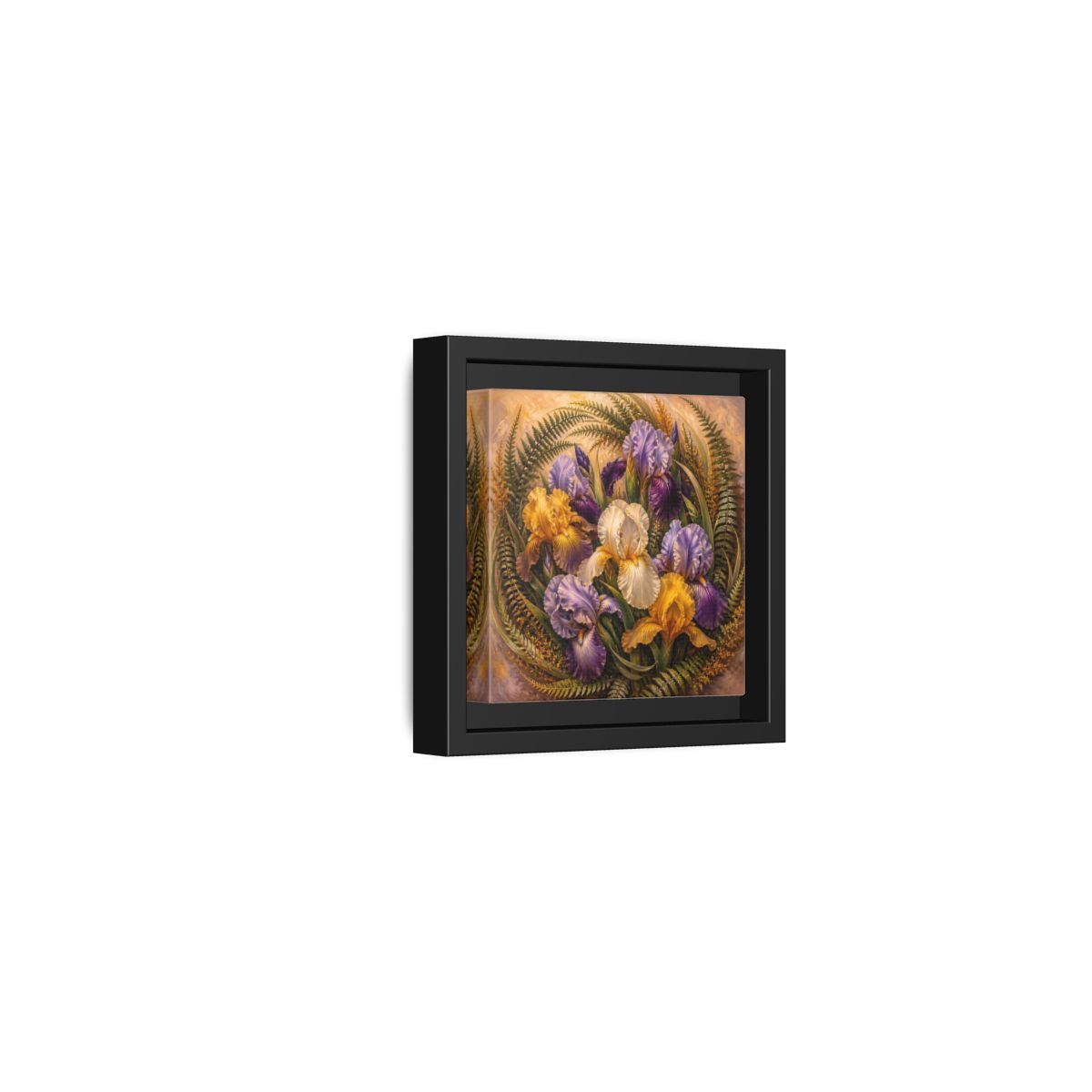Side Mockup 24. Vintage Oil Painting Iris Bouquet With Fern Accents shown as stretched canvas wall art