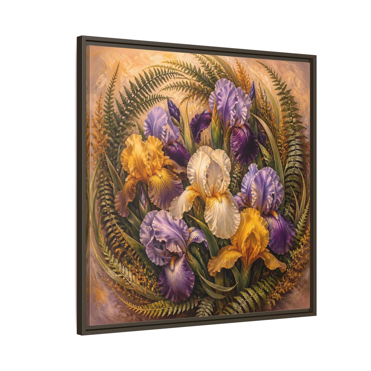 Side Mockup 8. Vintage Oil Painting Iris Bouquet With Fern Accents shown as stretched canvas wall art