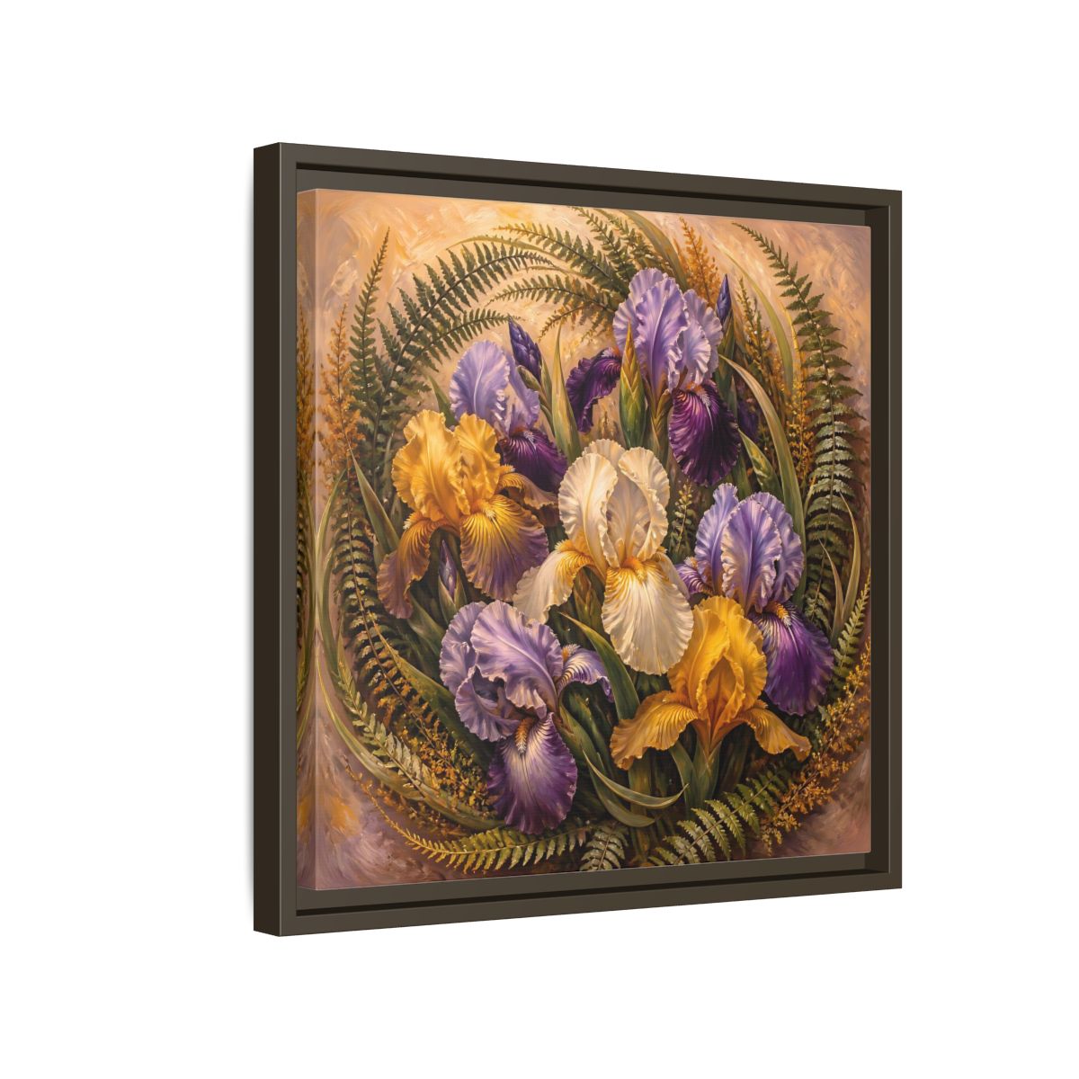 Side Mockup 14. Vintage Oil Painting Iris Bouquet With Fern Accents shown as stretched canvas wall art