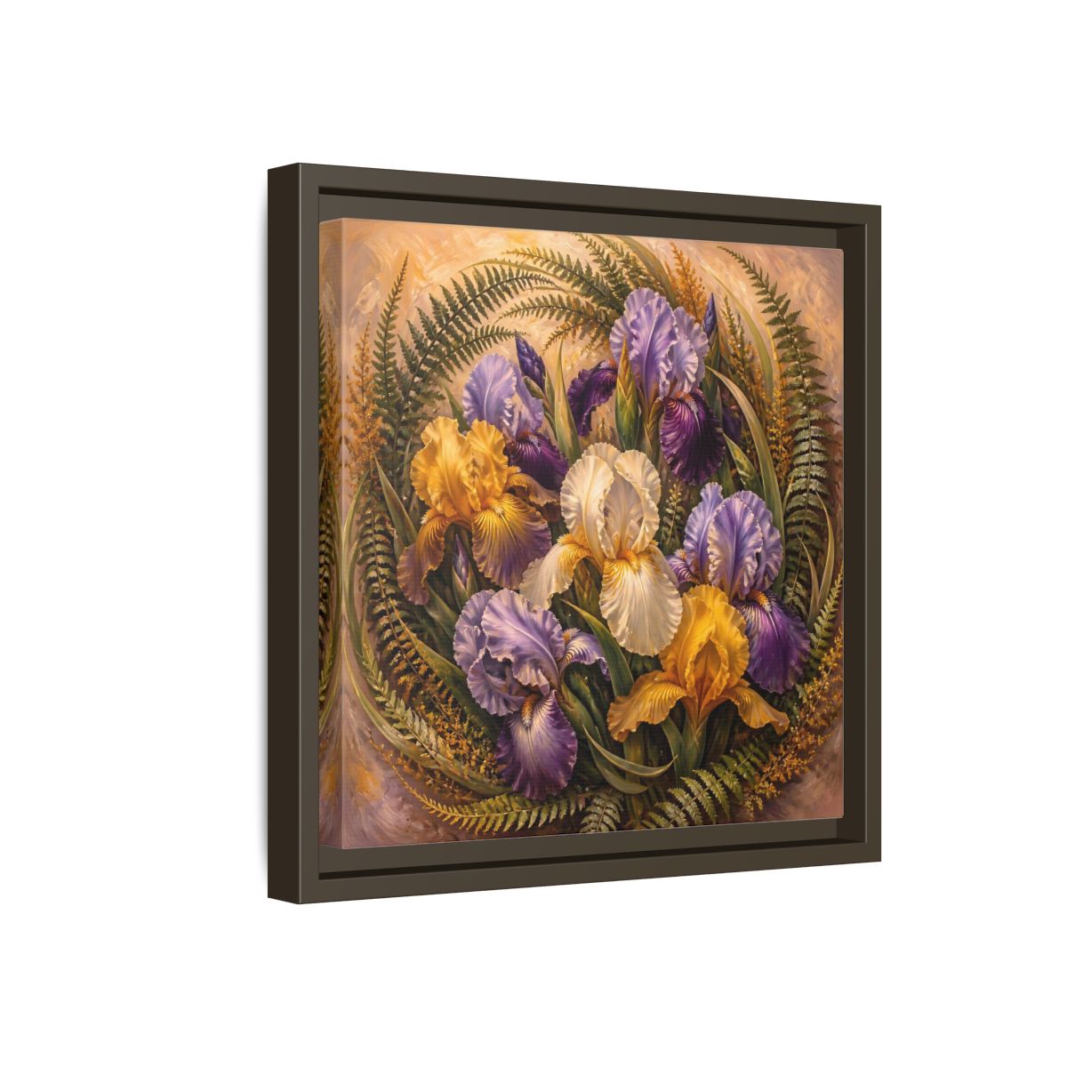 Side Mockup 17. Vintage Oil Painting Iris Bouquet With Fern Accents shown as stretched canvas wall art