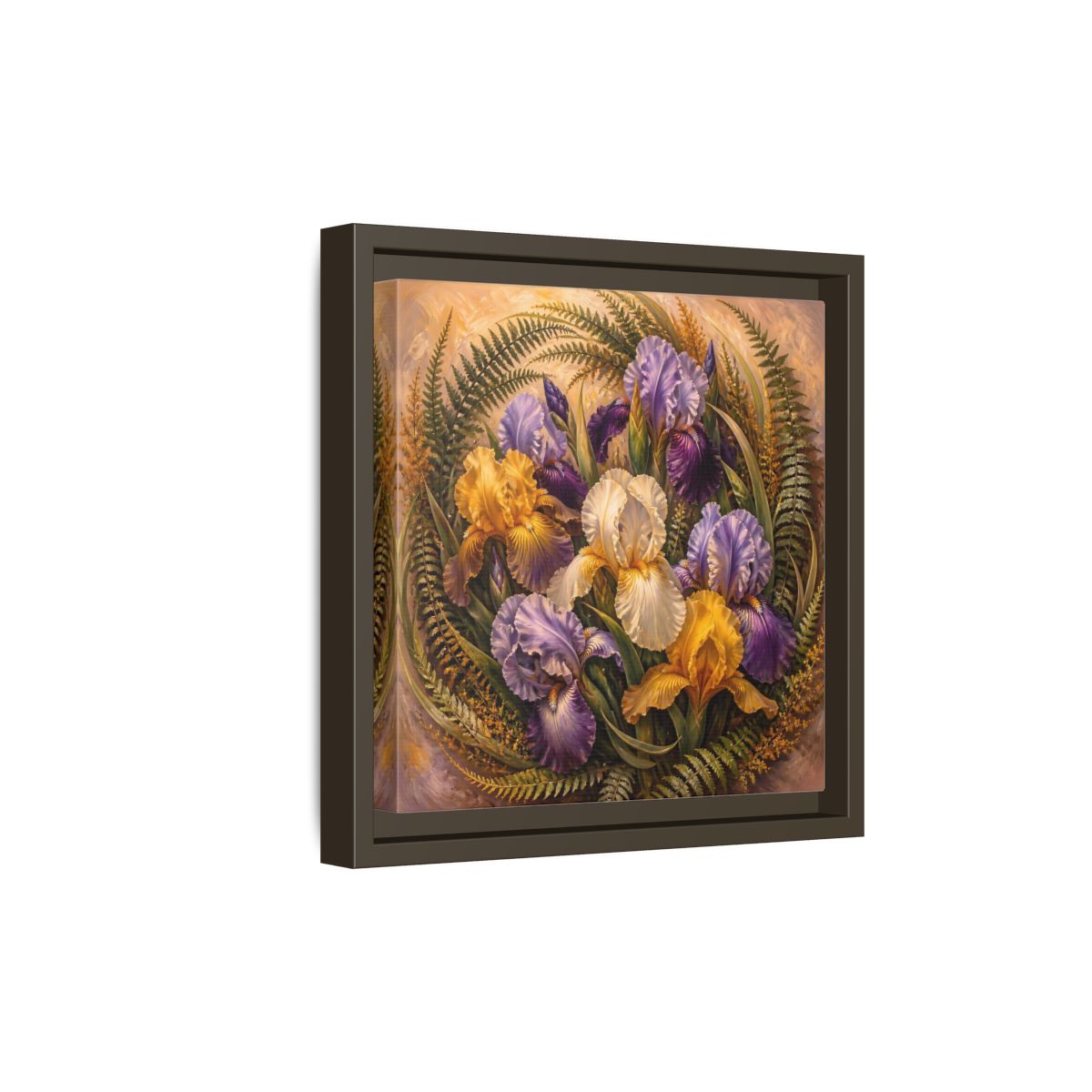 Side Mockup 20. Vintage Oil Painting Iris Bouquet With Fern Accents shown as stretched canvas wall art